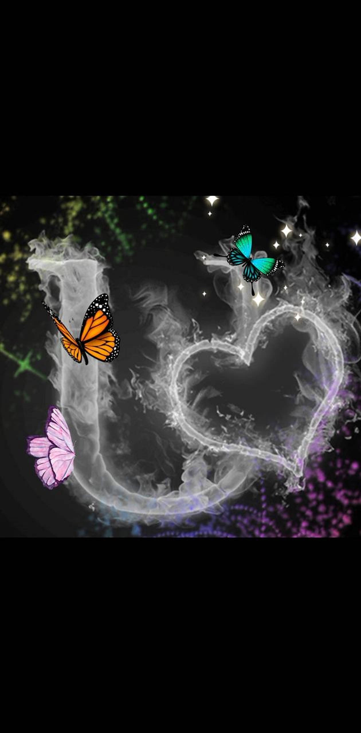 Letter U, butterflies, glowing heart-shaped smoke formation, 2K Phone Wallpaper