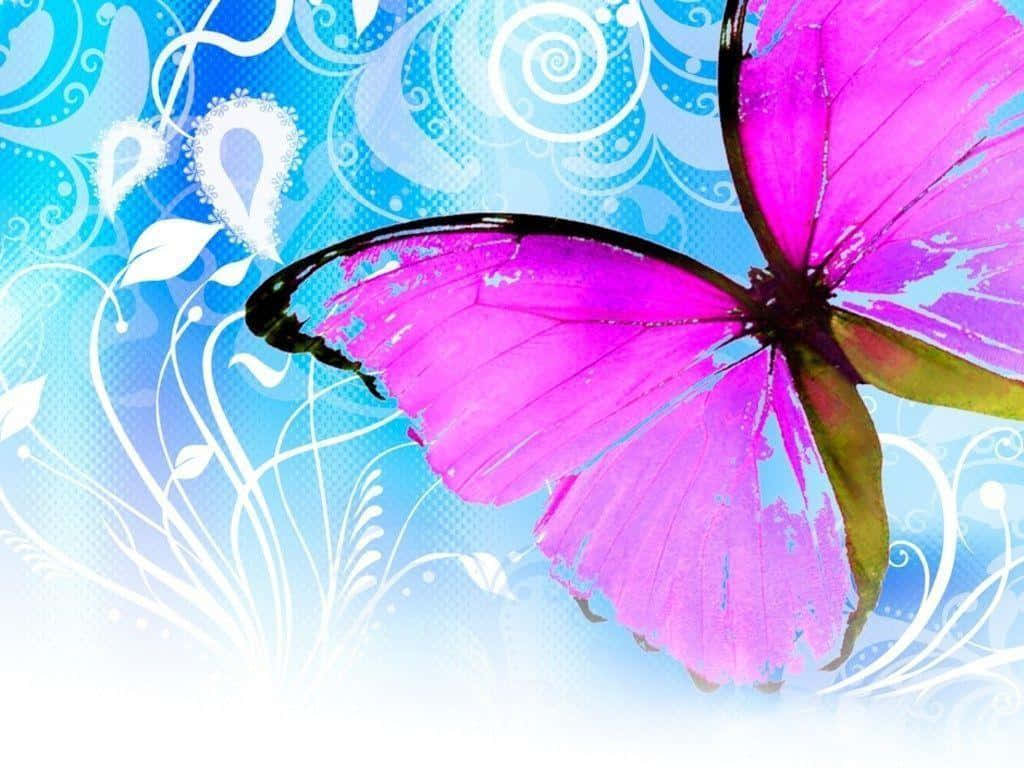 vibrant purple butterfly, black edges, swirling blue and white floral patterned background, SD Desktop Wallpaper