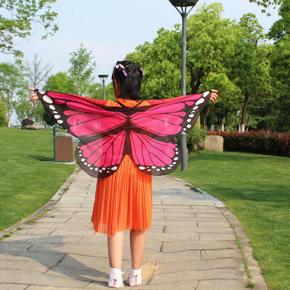 Butterfly Wing Dress, bright orange dress, pink and black butterfly costume wings, SD Desktop Wallpaper