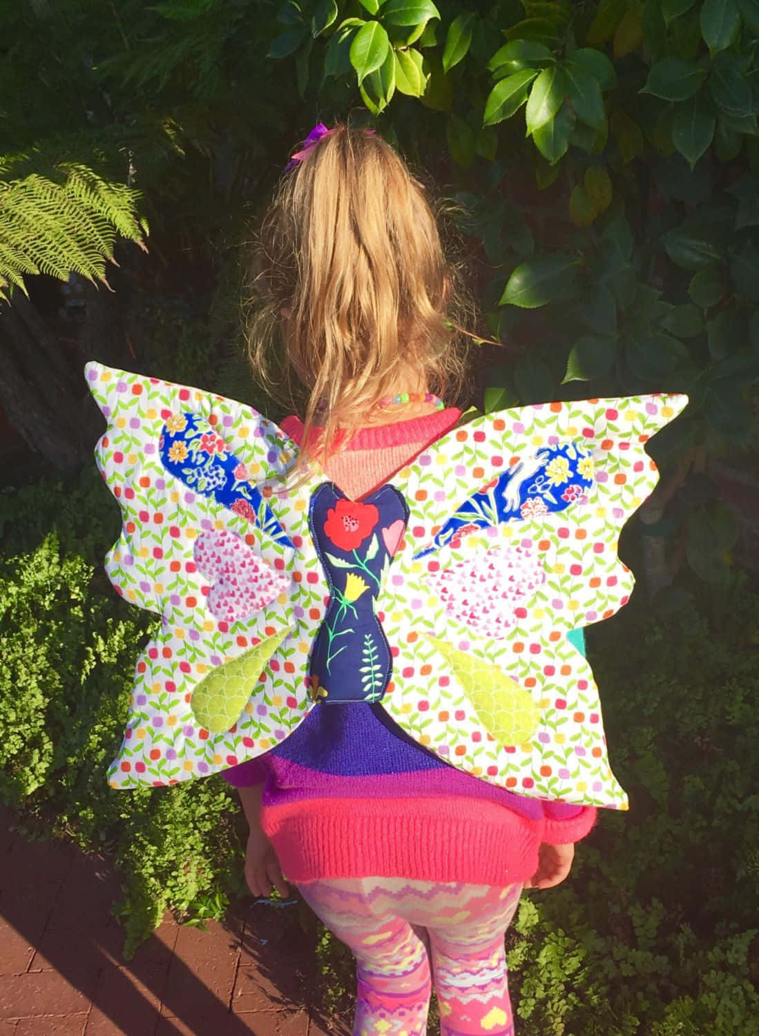 Butterfly Wing Dress, colorful patchwork butterfly costume, sunlit garden, HD Phone Wallpaper
