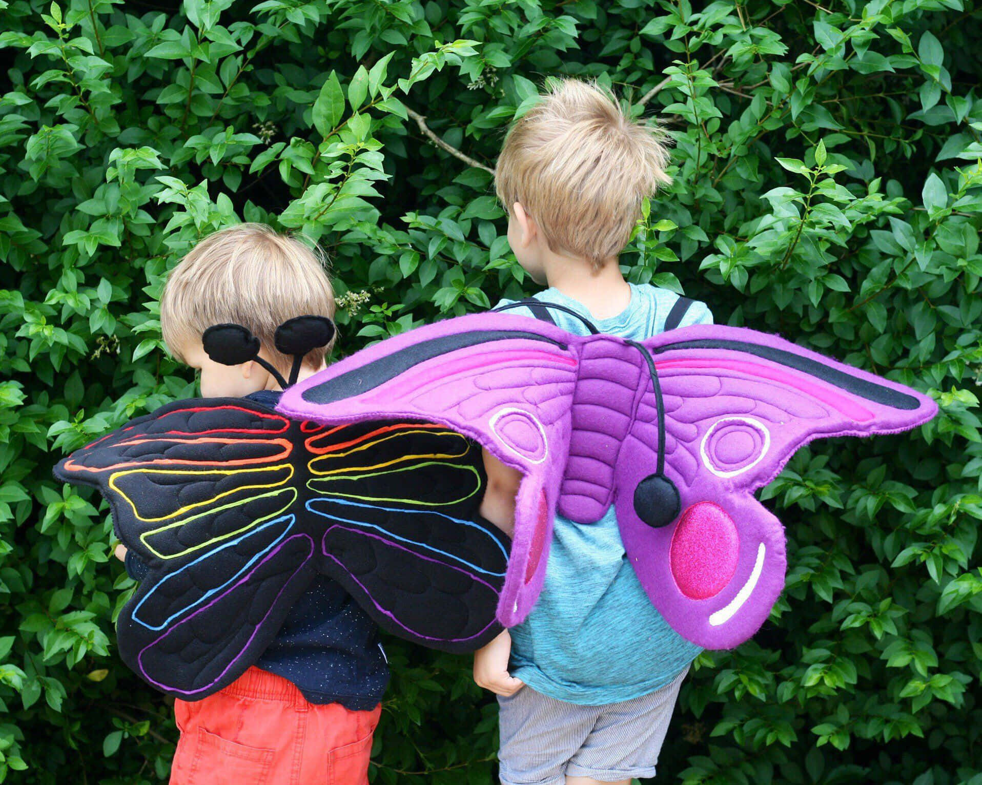 butterfly wing dress, colorful plush moth wings, lush green hedge, HD Desktop Wallpaper