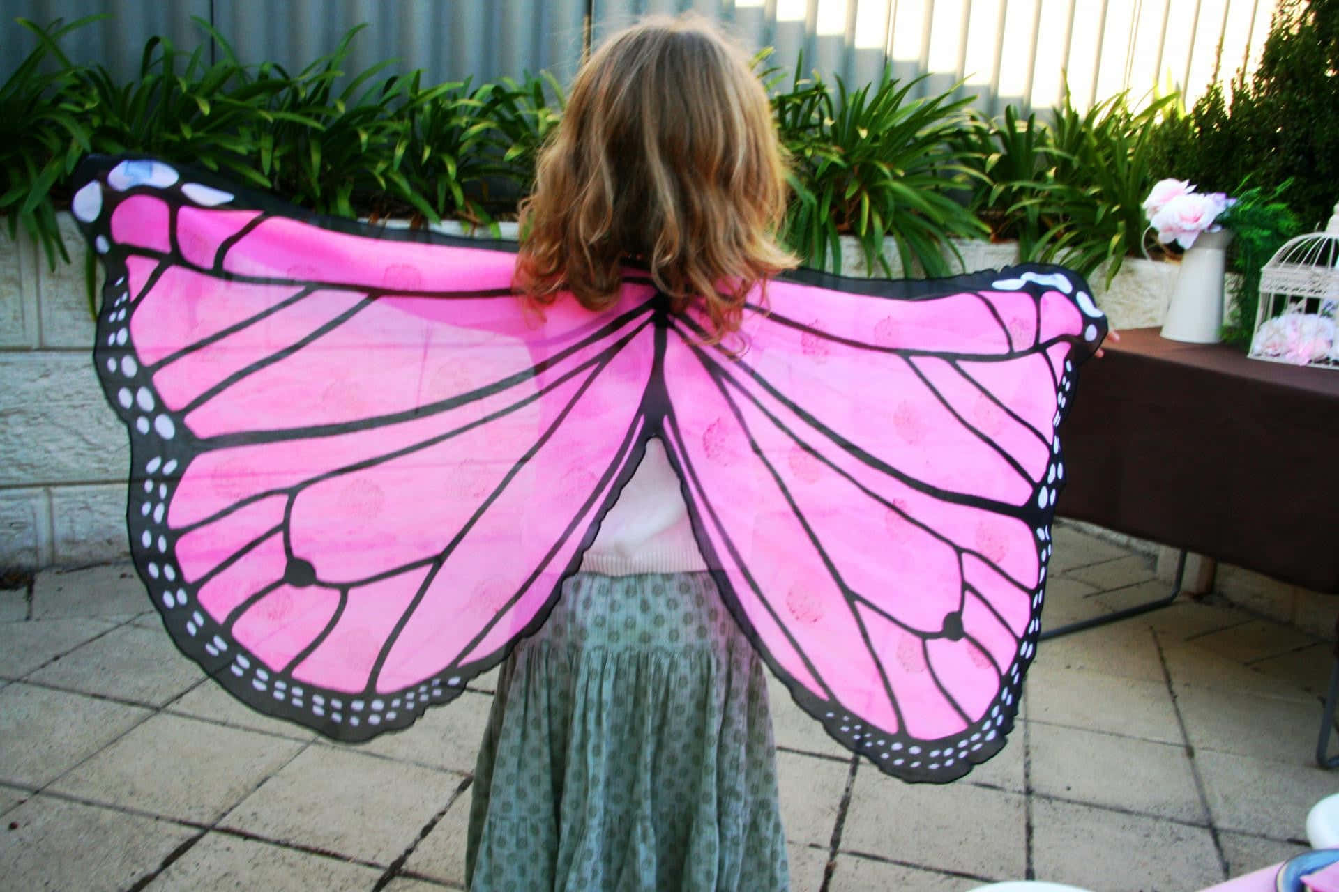 butterfly wing dress, pink butterfly wings, black veins, Full HD Desktop Wallpaper