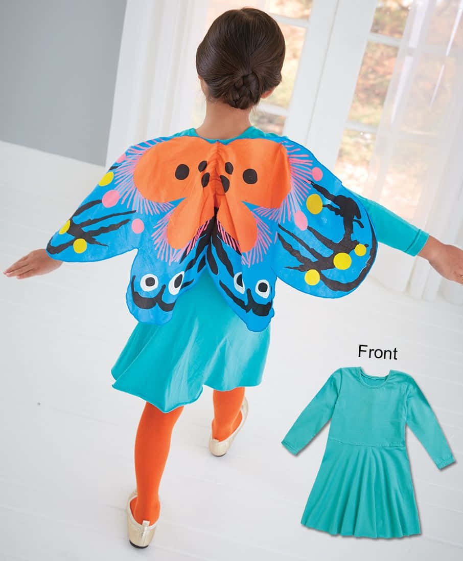 butterfly wing dress, vibrant turquoise dress, large orange and blue butterfly cape, SD Phone Wallpaper
