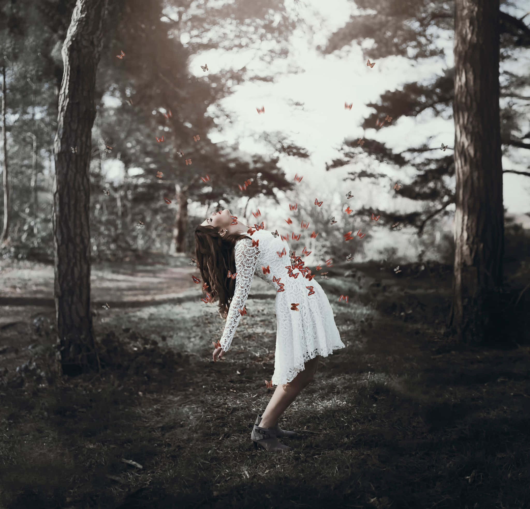 butterfly dress, white lace dress, red butterflies, Full HD Desktop Wallpaper