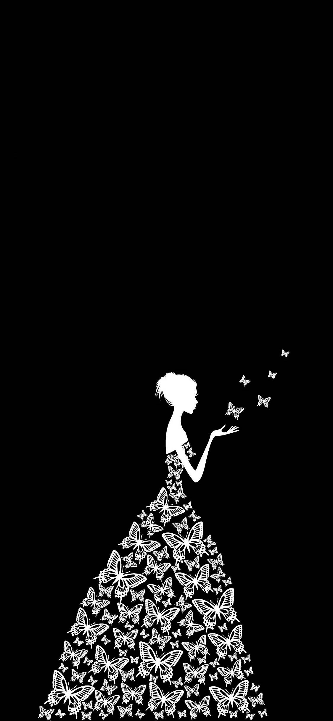 black cute girly butterfly dress, butterfly-patterned gown, white silhouette, Full HD Phone Wallpaper