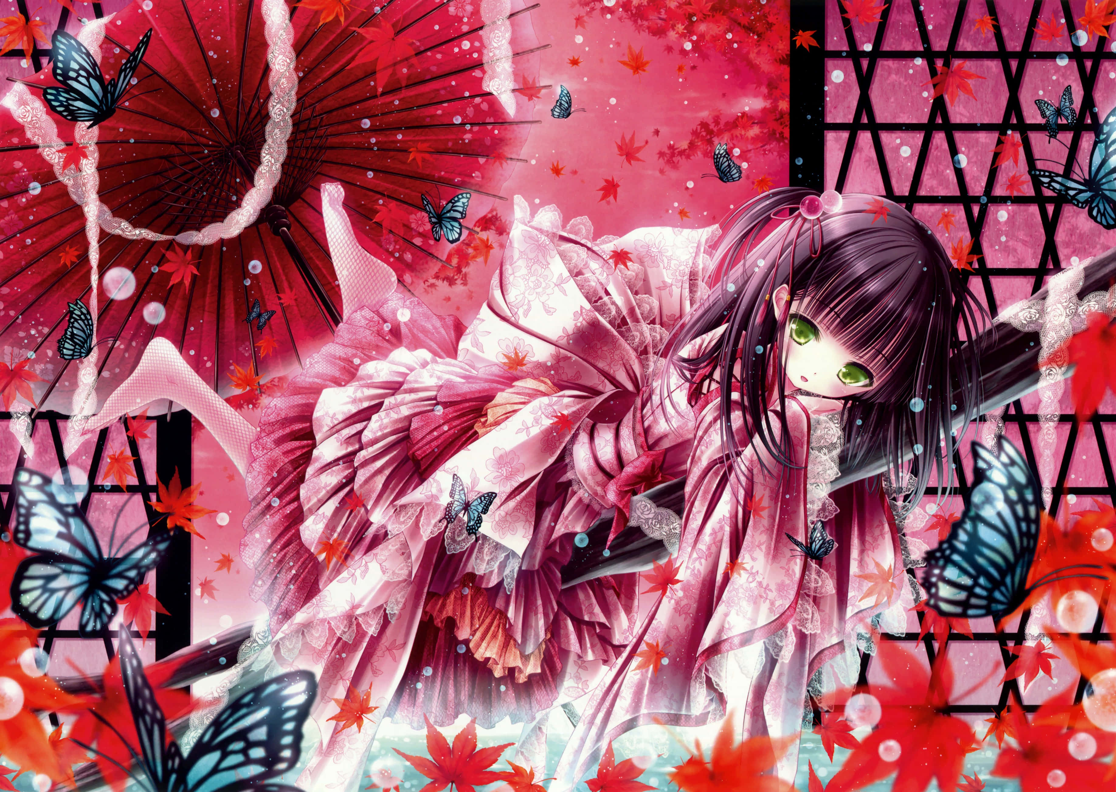 anime girl, butterfly dress, pink kimono, 2K Desktop Wallpaper