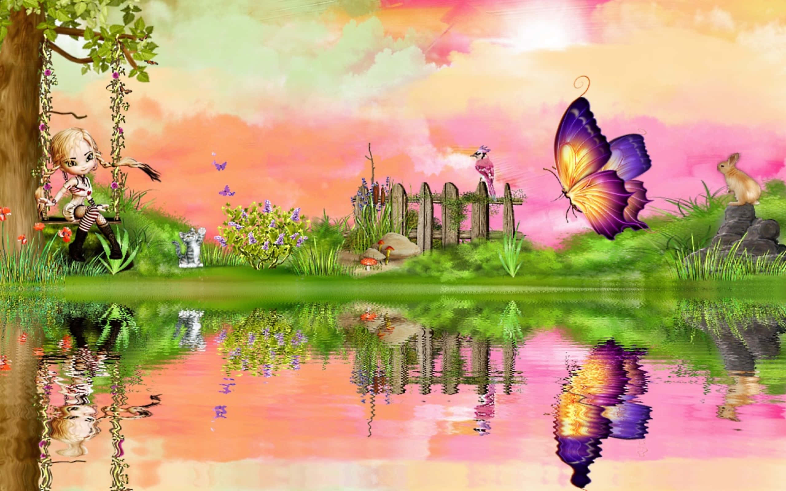 Cute Spring Desktop Fantasy Butterfly, giant butterfly, tree swing, 2K Desktop Wallpaper