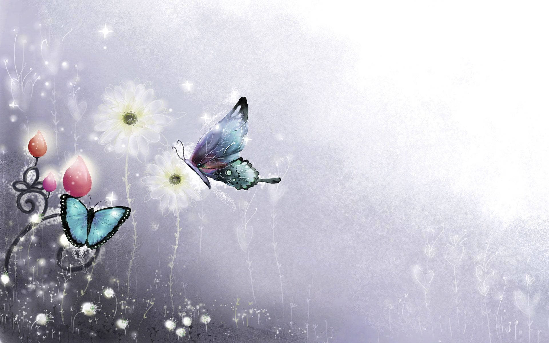 blue butterfly, bright flower, glowing flowers, Full HD Desktop Wallpaper