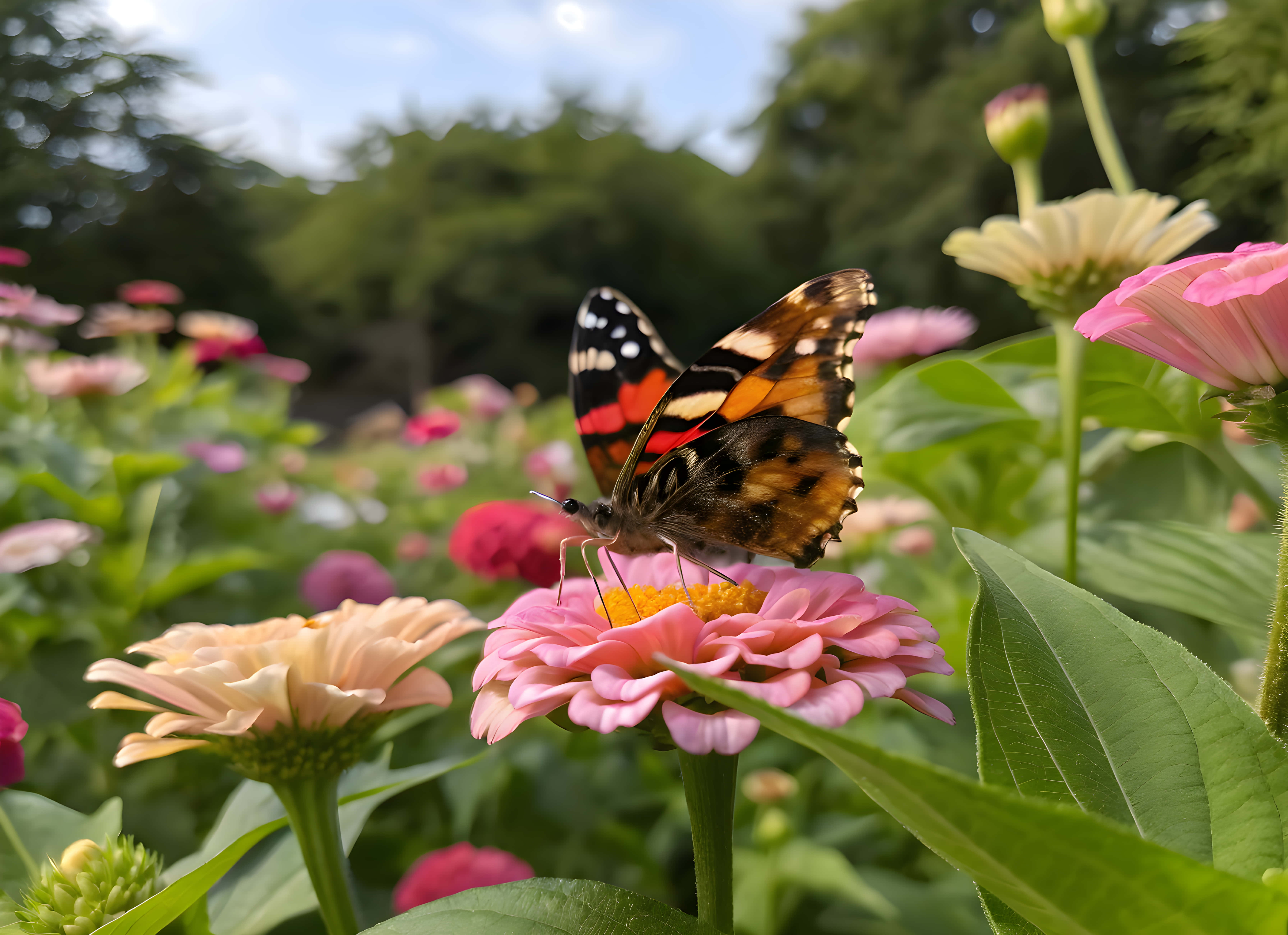 orange black and white butterfly, pink zinnia flower, lush garden, 5K Desktop Wallpaper