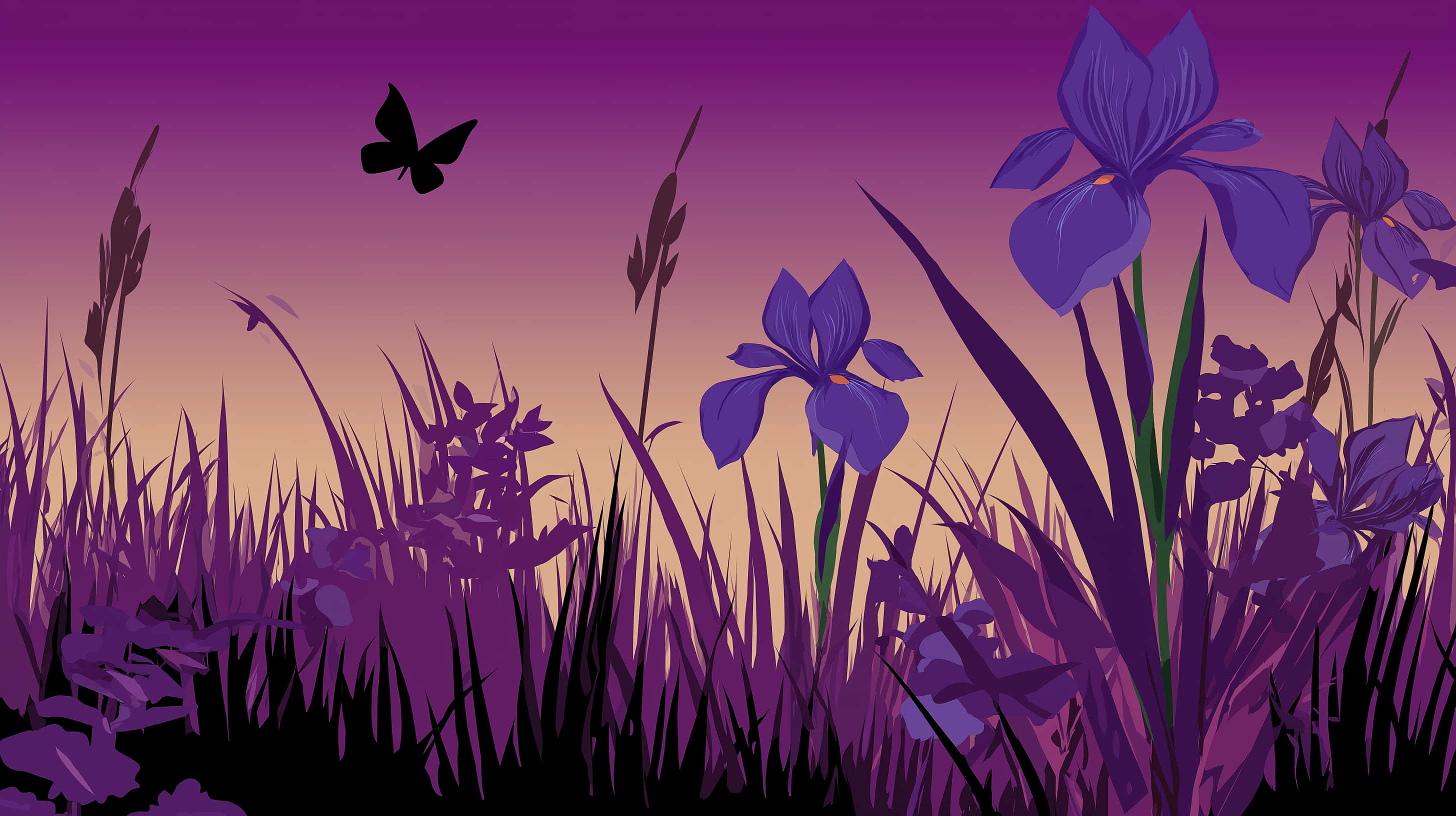purple irises, tall grasses, gradient twilight sky, 2K Desktop Wallpaper