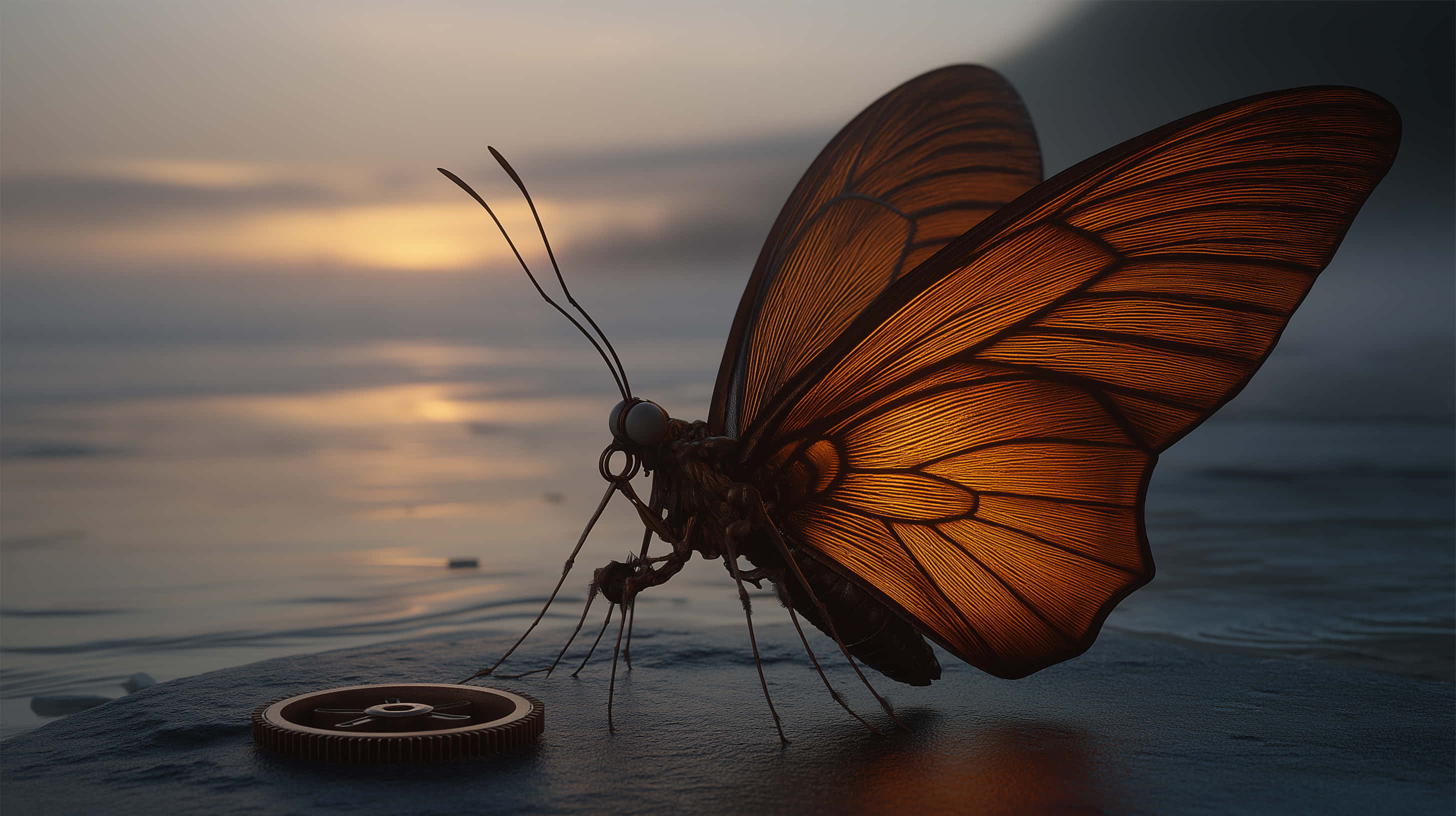 clockwork butterfly, sunset, water, 2K Desktop Wallpaper