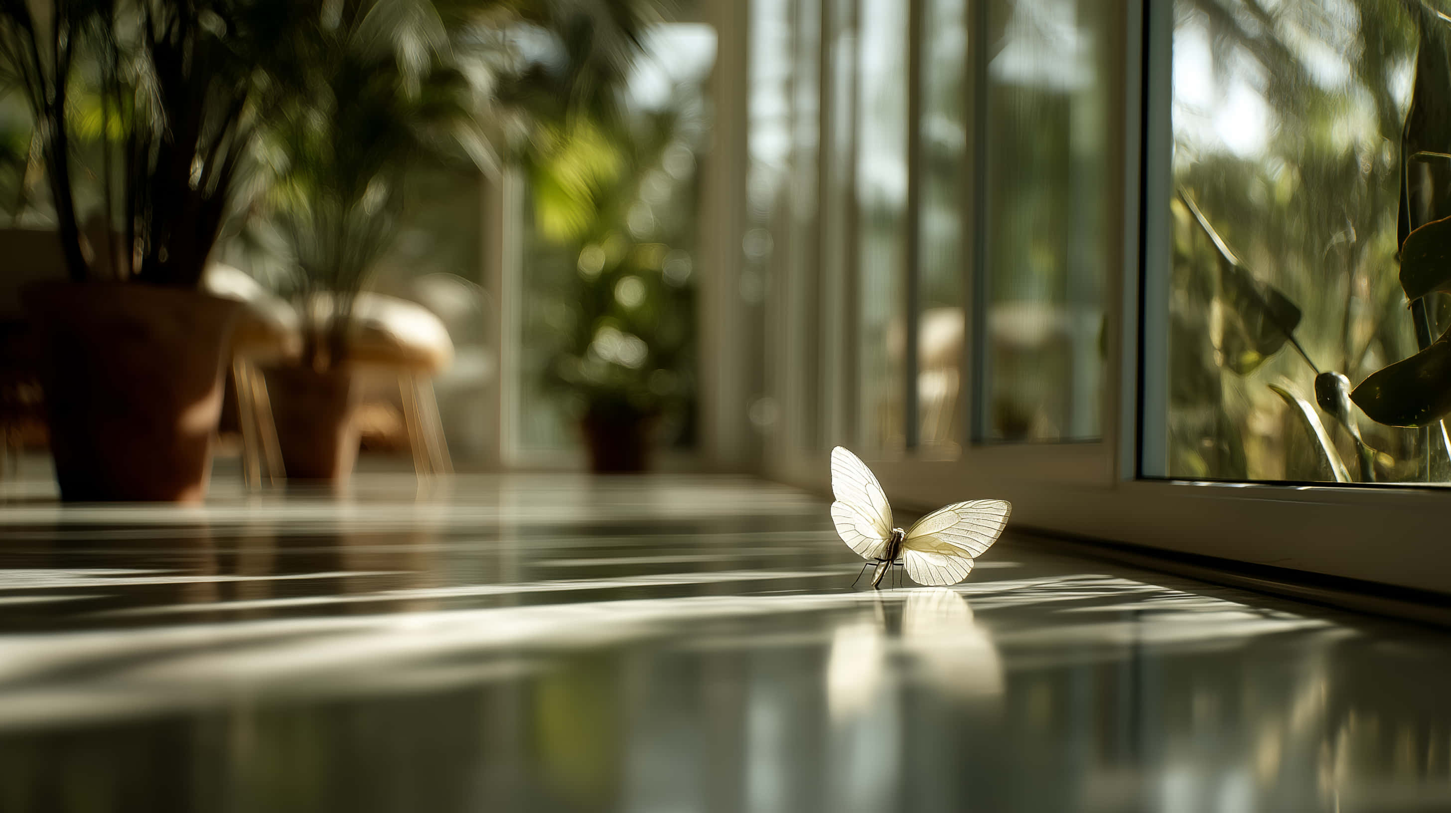 white butterfly, sunny floor, window light, 2K Desktop Wallpaper