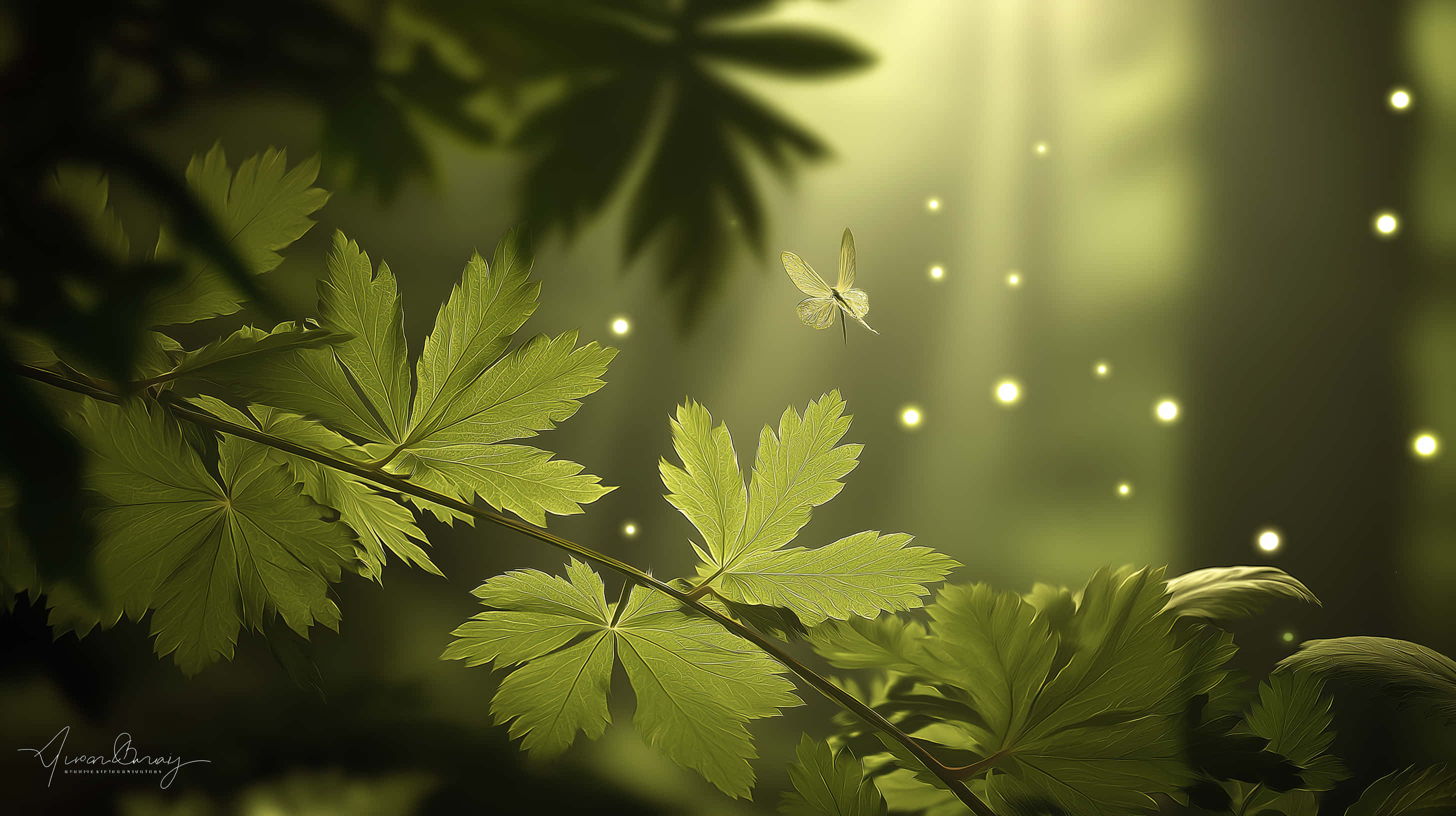 enchanted forest, glowing leaves, butterfly, 2K Desktop Wallpaper