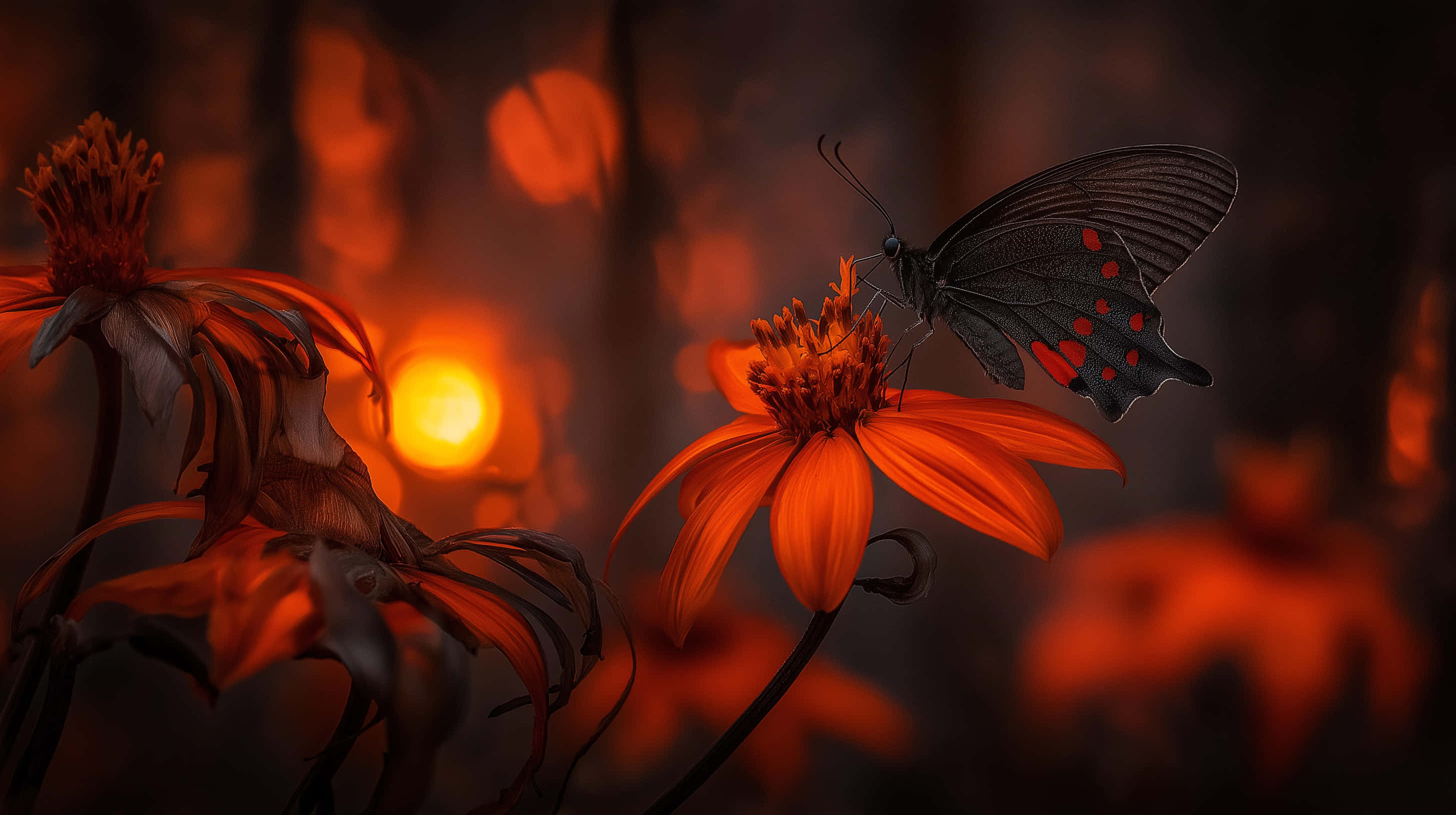 black butterfly, red spots, vibrant orange flower, 2K Desktop Wallpaper