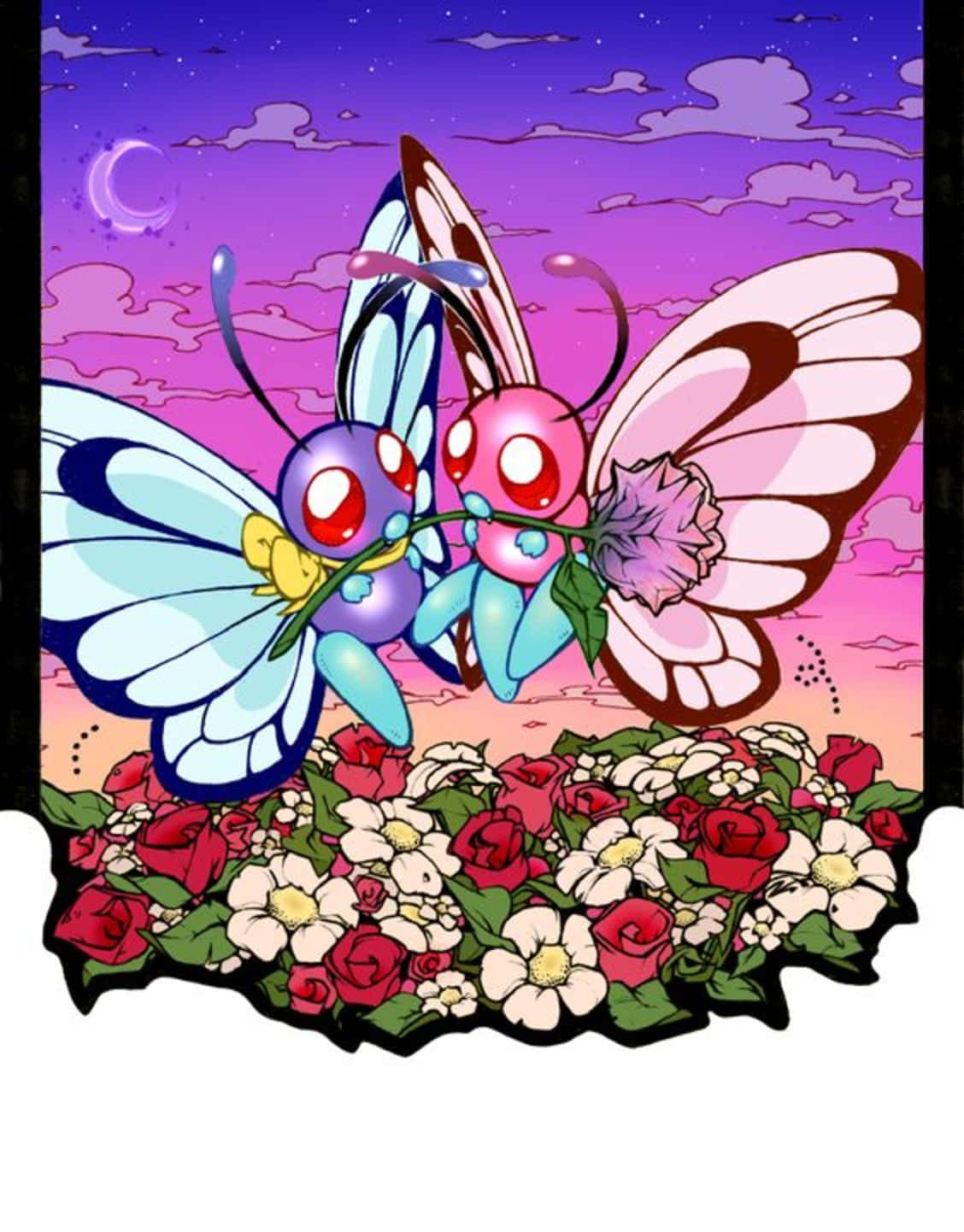 Butterfree, purple twilight sky, red and white roses, HD Phone Wallpaper