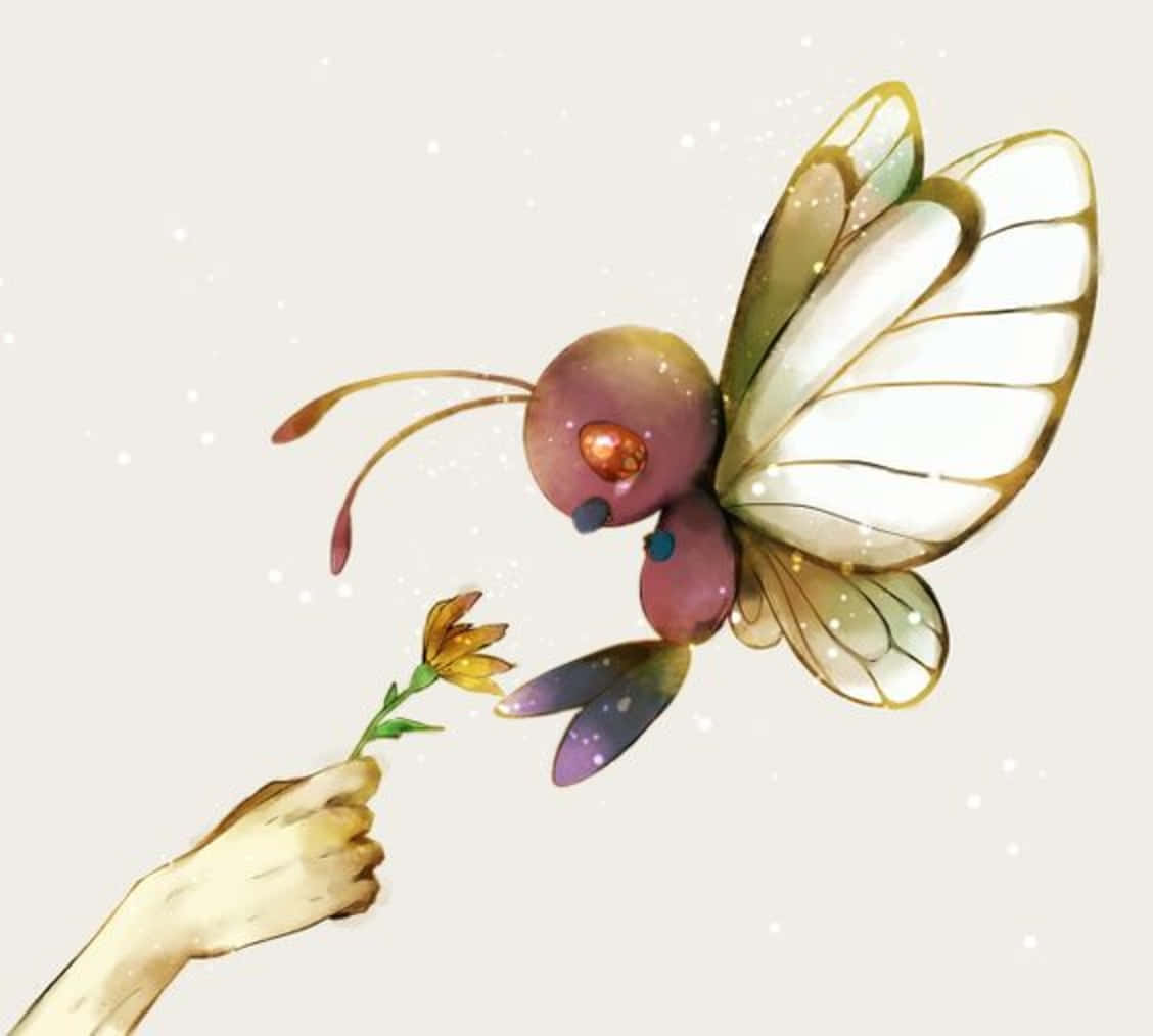Butterfree, yellow flower, purple butterfly, SD Desktop Wallpaper
