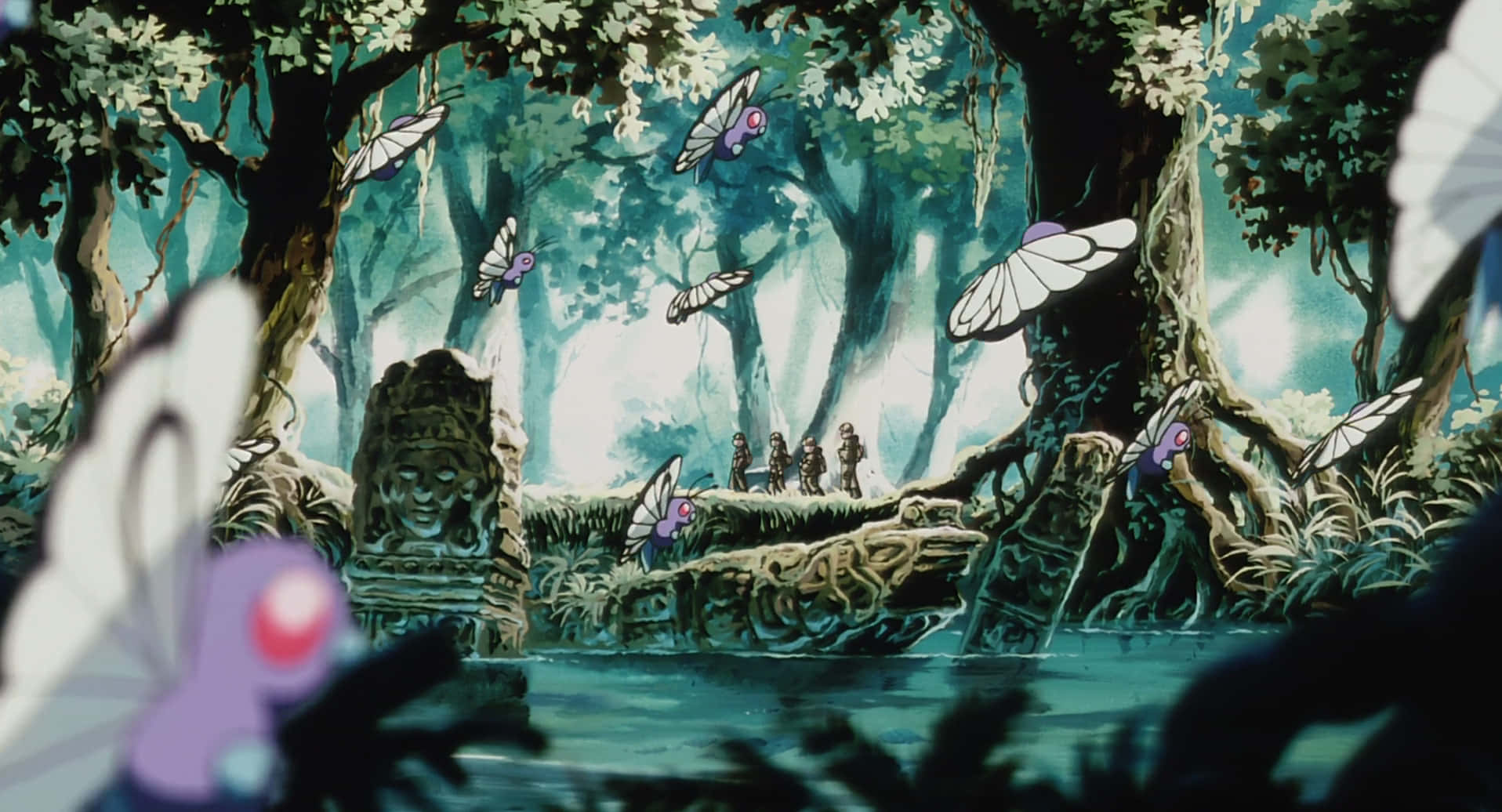 Butterfree, forest, glowing purple butterflies, HD Desktop Wallpaper