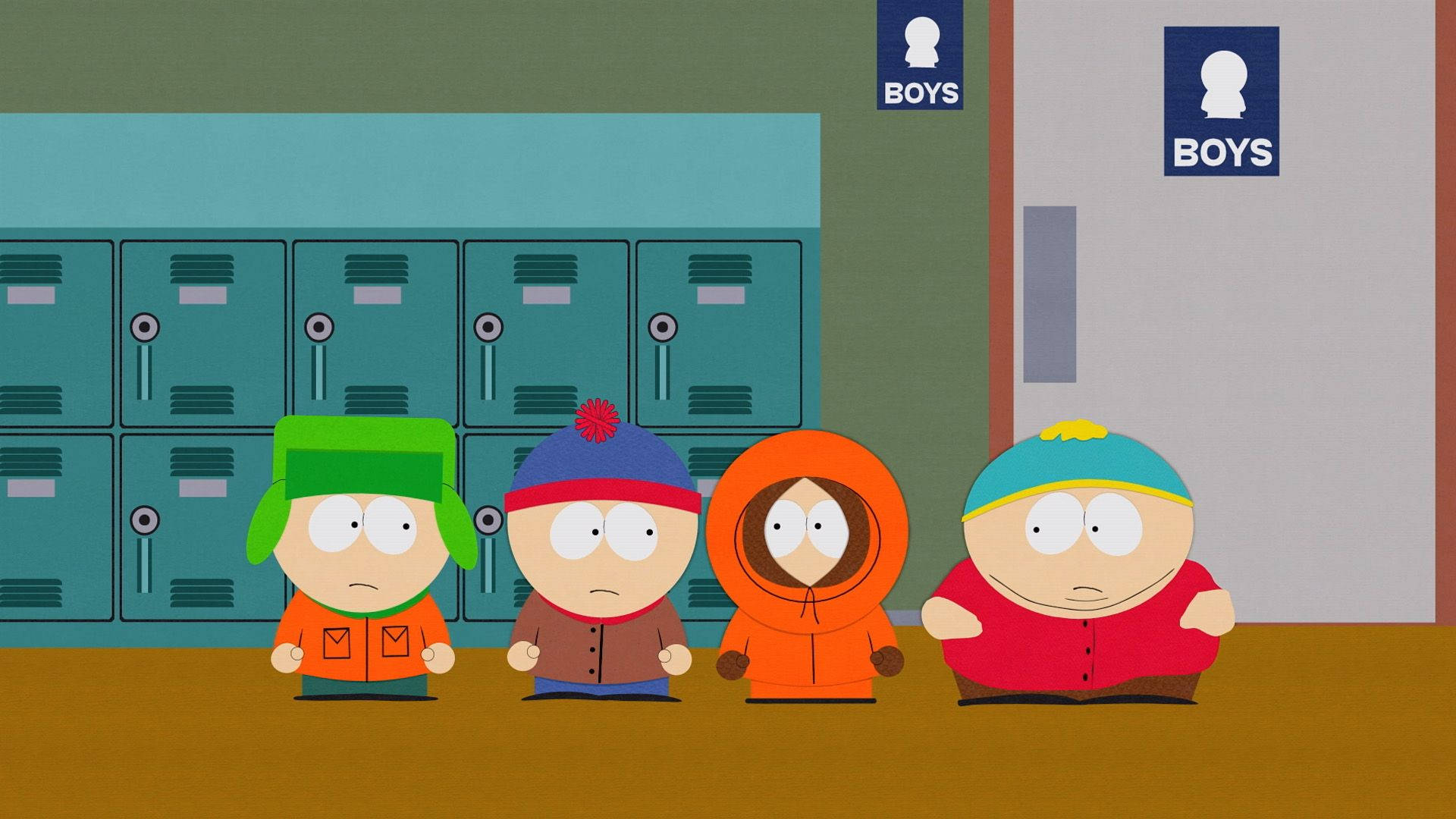 South Park, teal lockers, boys restroom signs, Full HD Desktop Wallpaper