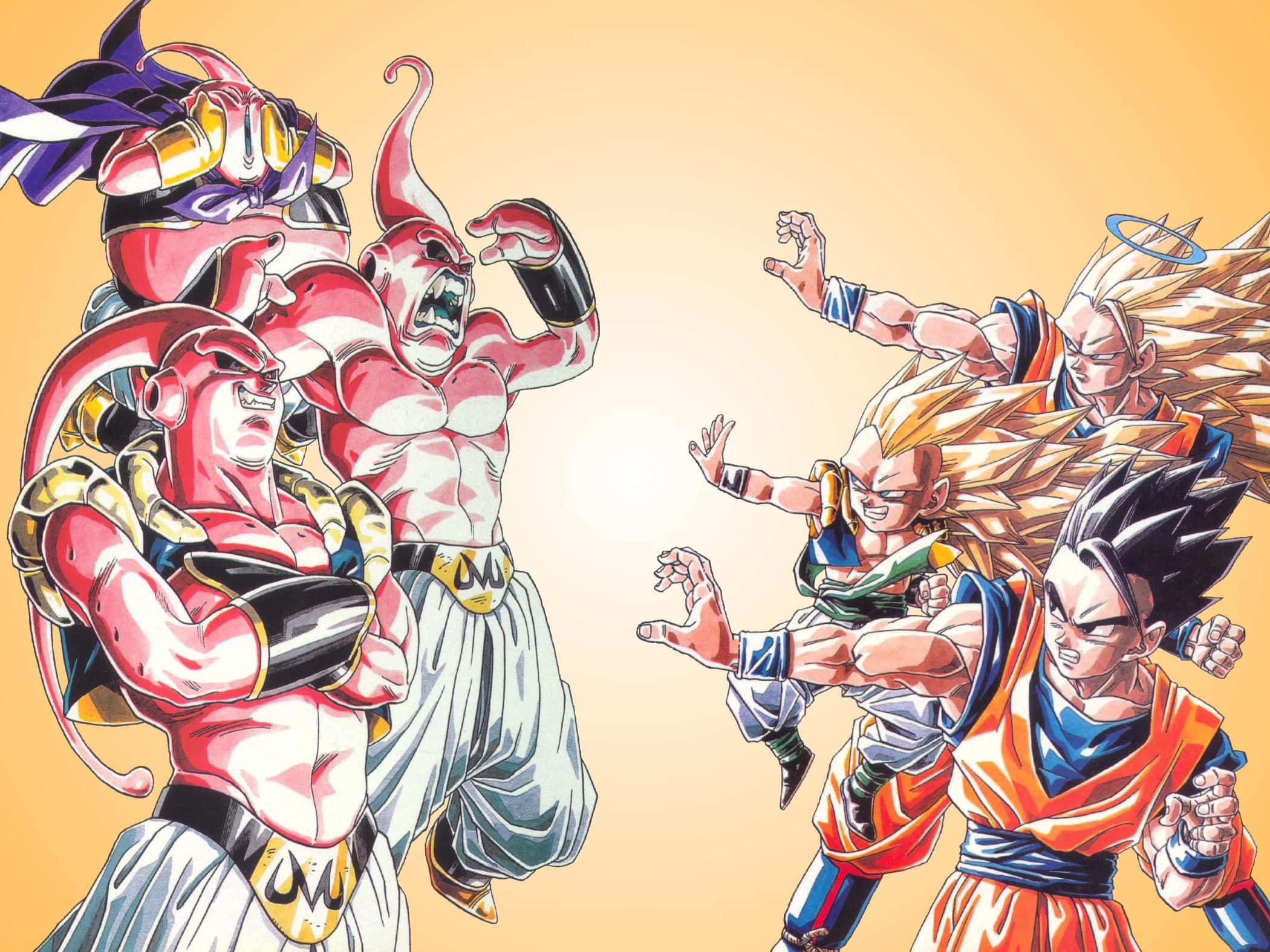 Buu Saga, anime warriors, warm gradient background, Full HD Desktop Wallpaper