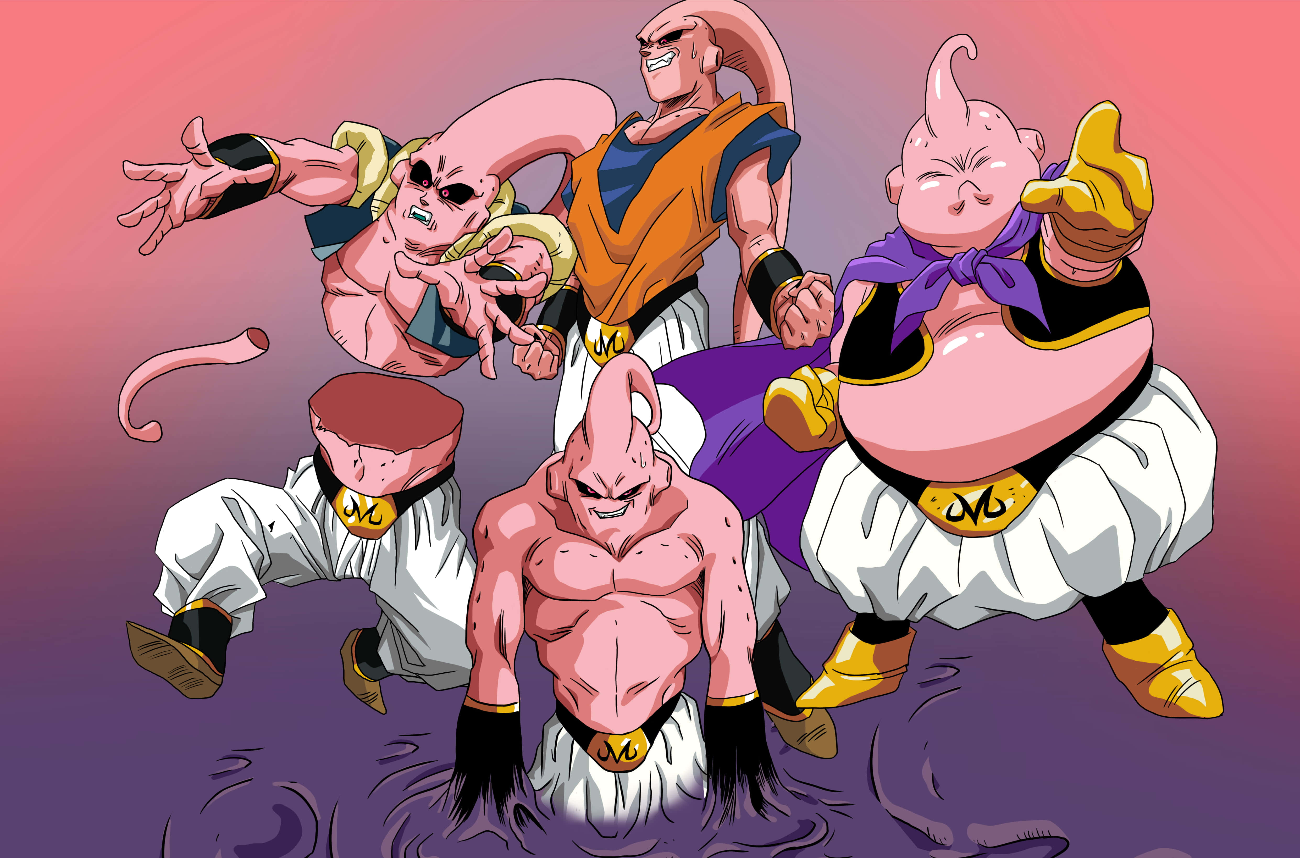 Buu Saga, pink-skinned anime warriors, white pants, 4K Desktop Wallpaper
