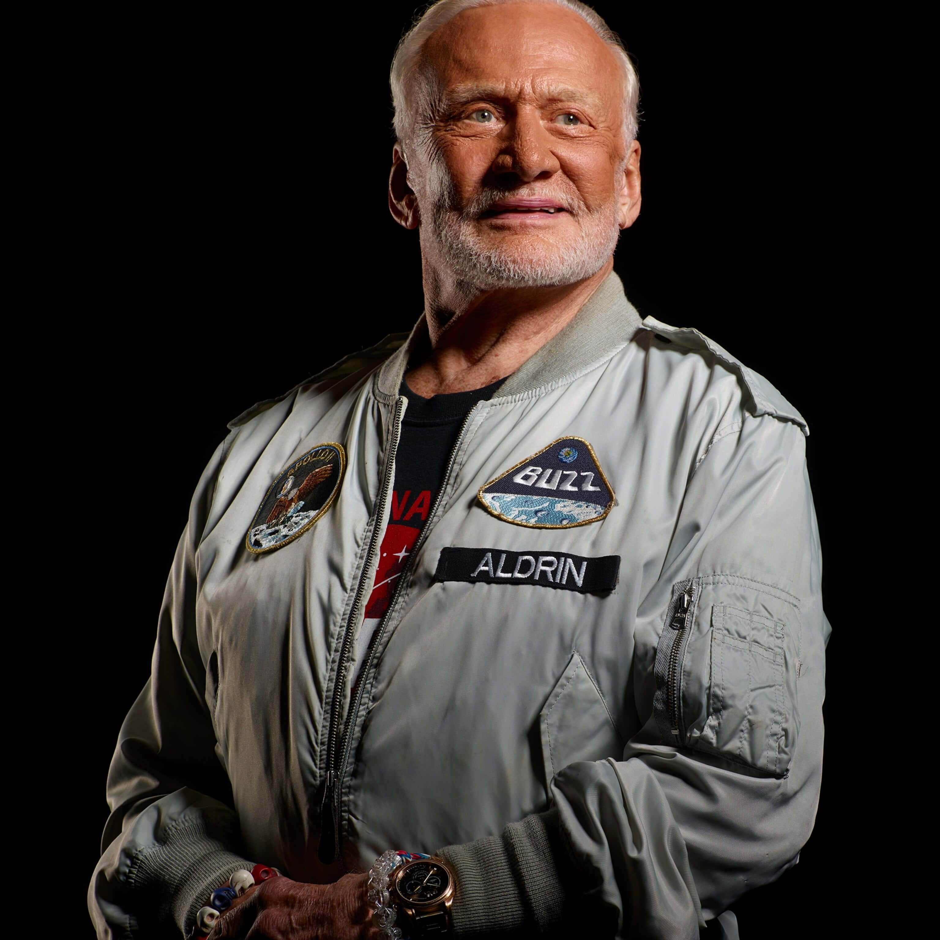 Buzz Aldrin, gray flight jacket, patches, 2K Desktop Wallpaper