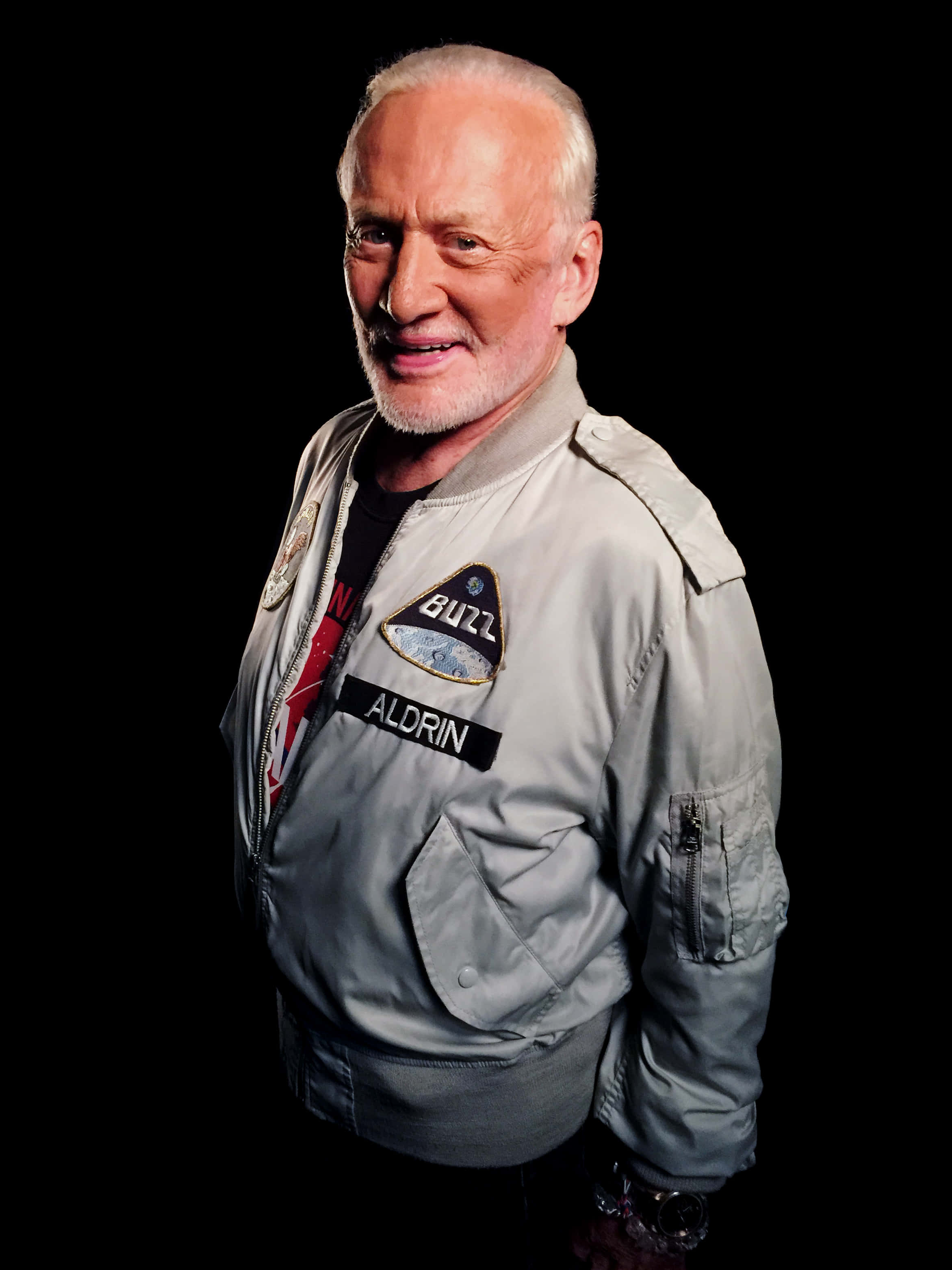 Buzz Aldrin, gray flight jacket, name patch, 2K Phone Wallpaper