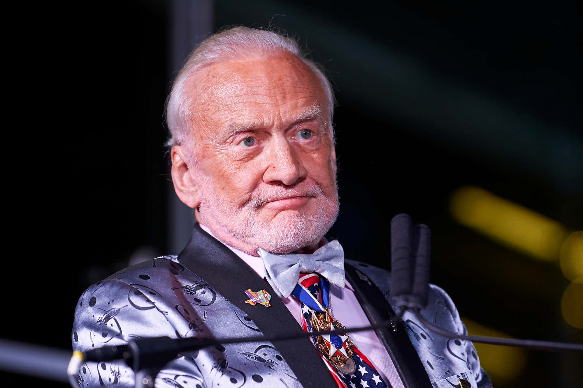 Buzz Aldrin, silver patterned suit, patriotic medals, Full HD Desktop Wallpaper
