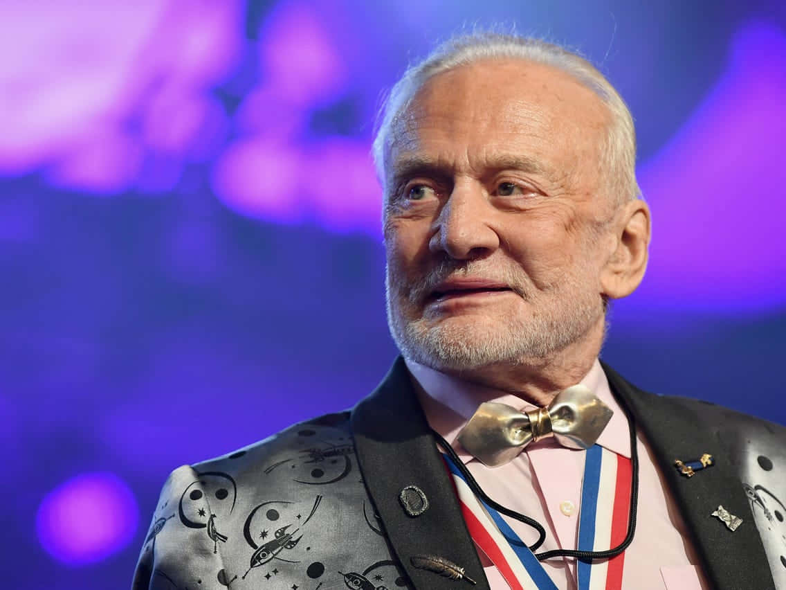 Buzz Aldrin, space-themed jacket, medal, SD Desktop Wallpaper