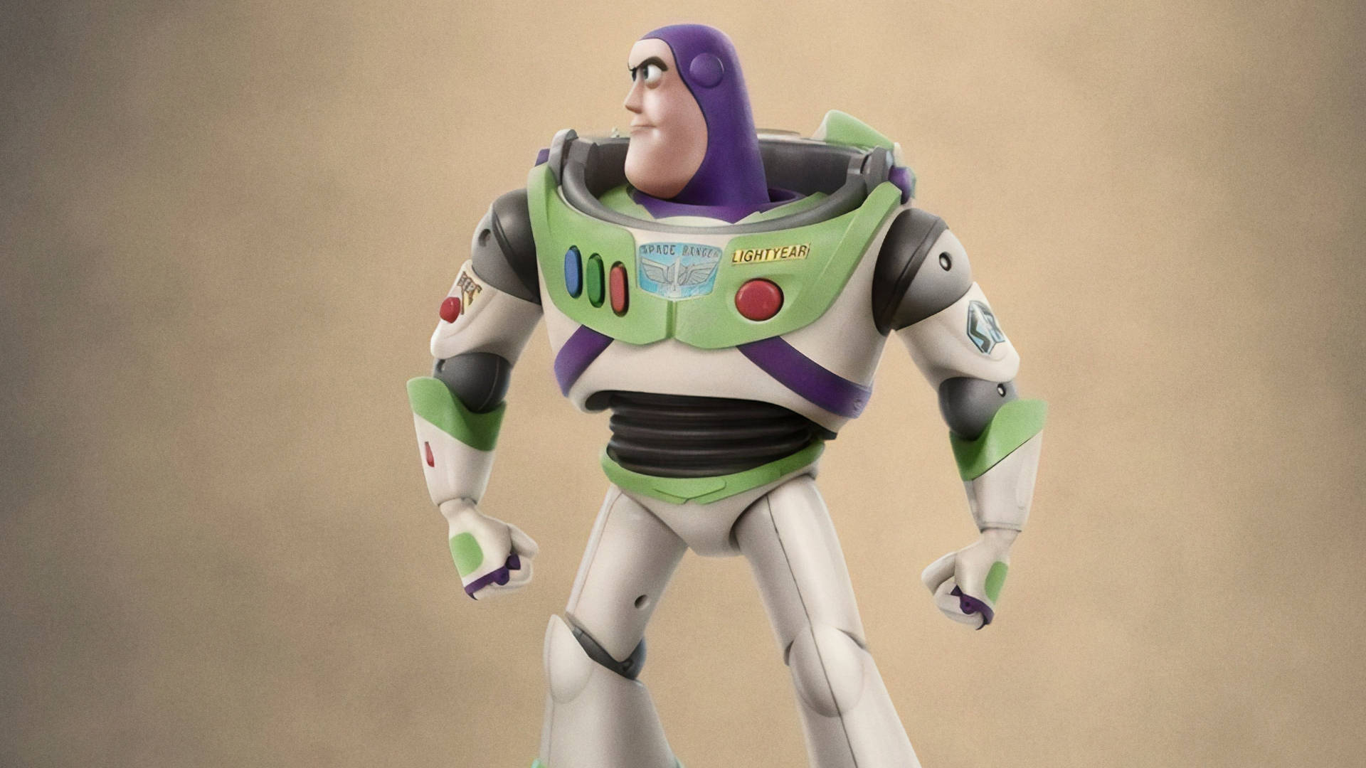 Buzz Lightyear Of Star Command, green and white space ranger suit, muted beige background, Full HD Desktop Wallpaper