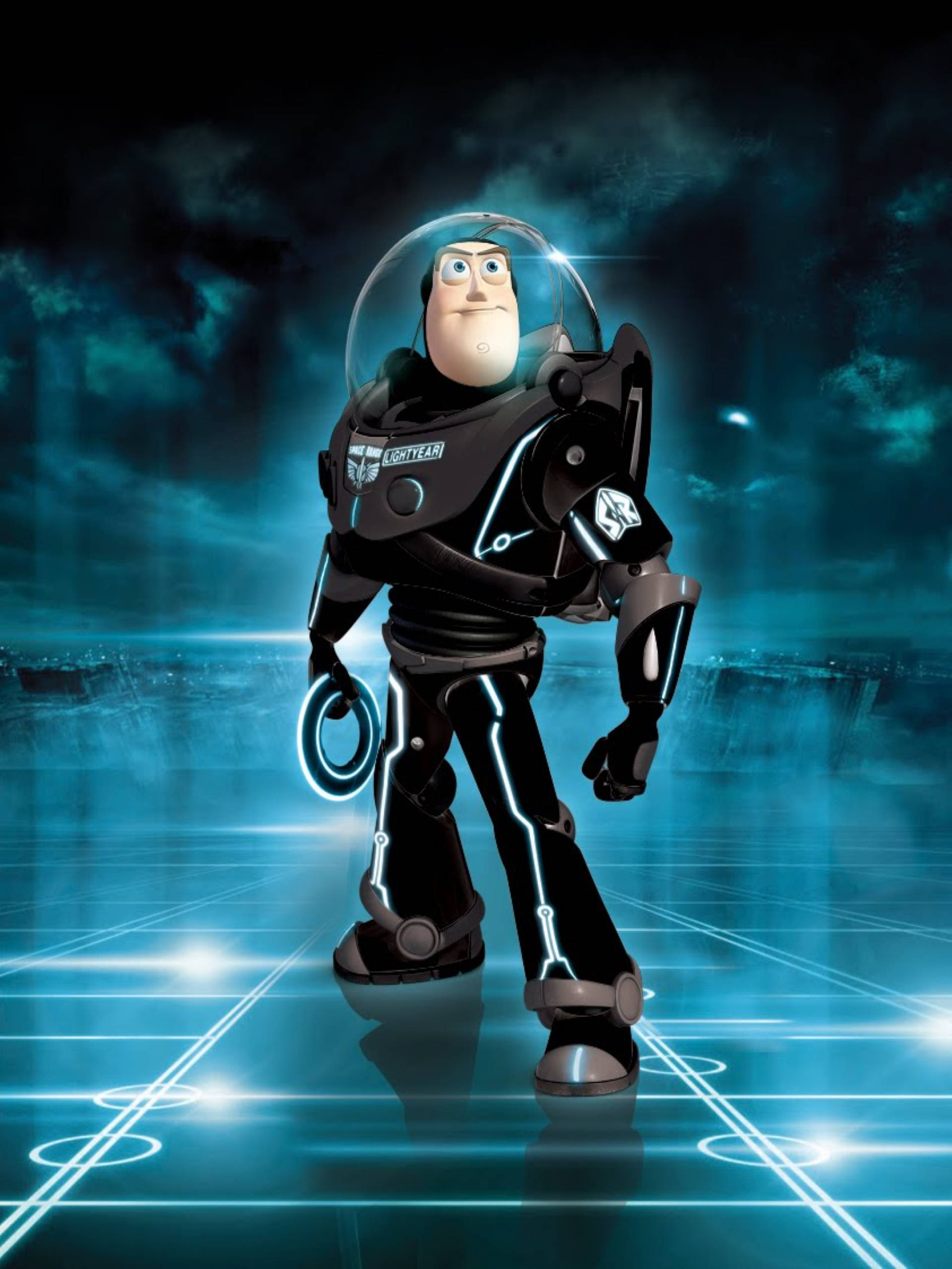 Buzz Lightyear, glowing blue futuristic space station, neon grid lines, 2K Phone Wallpaper