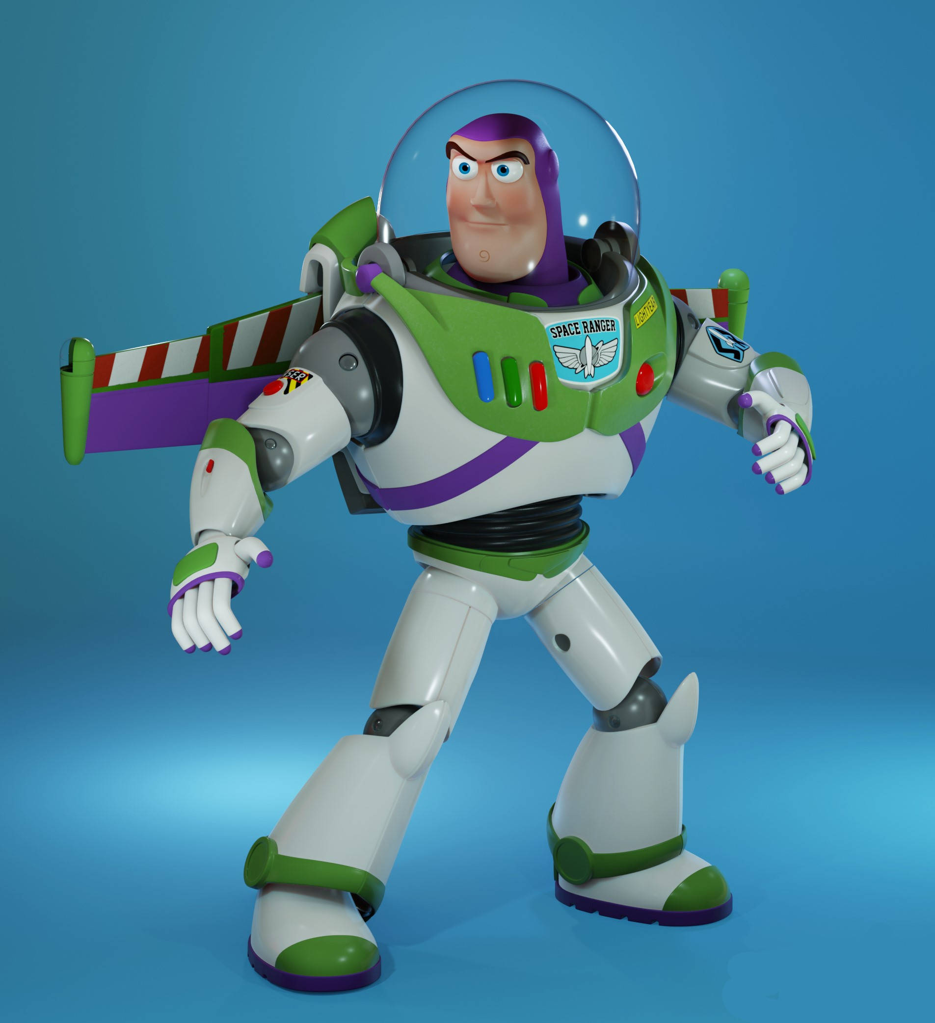 Buzz Lightyear, green and white space ranger suit, solid blue background, Full HD Phone Wallpaper
