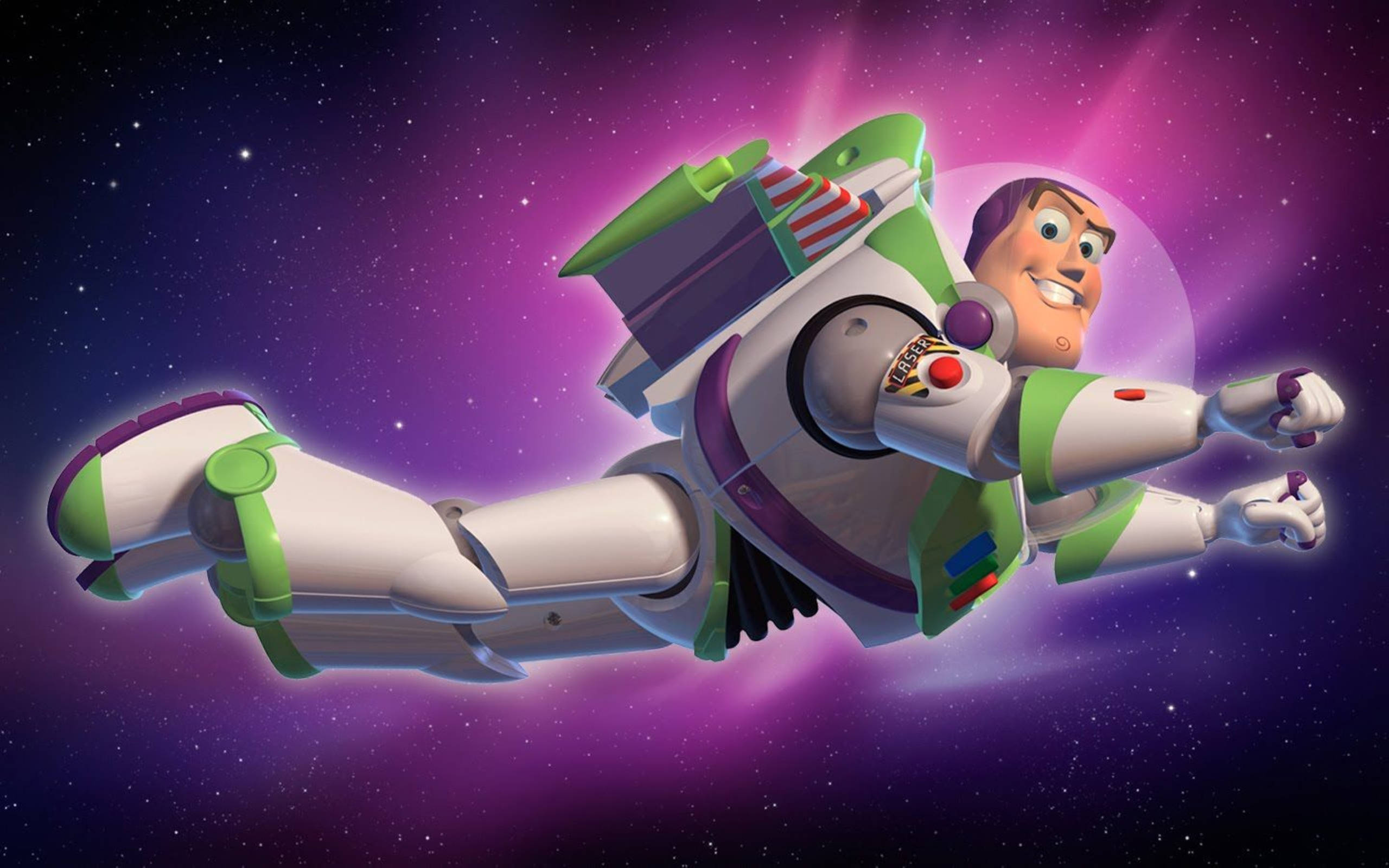 Buzz Lightyear, space suit, vibrant purple starfield, 2K Desktop Wallpaper