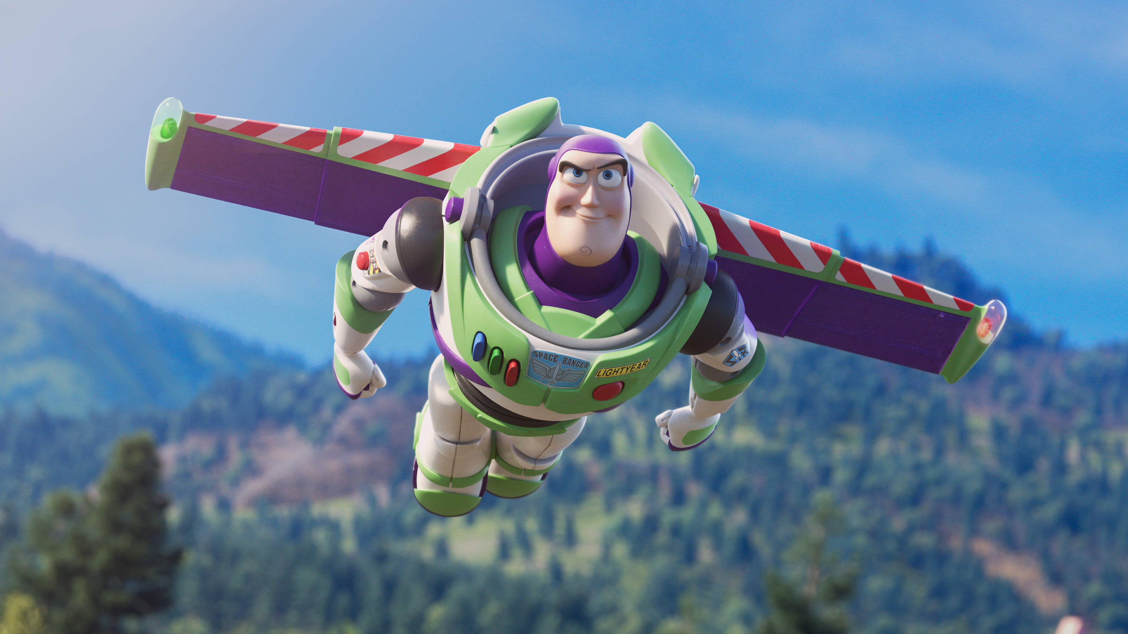 Buzz Lightyear, clear blue sky, forested mountains, 4K Desktop Wallpaper