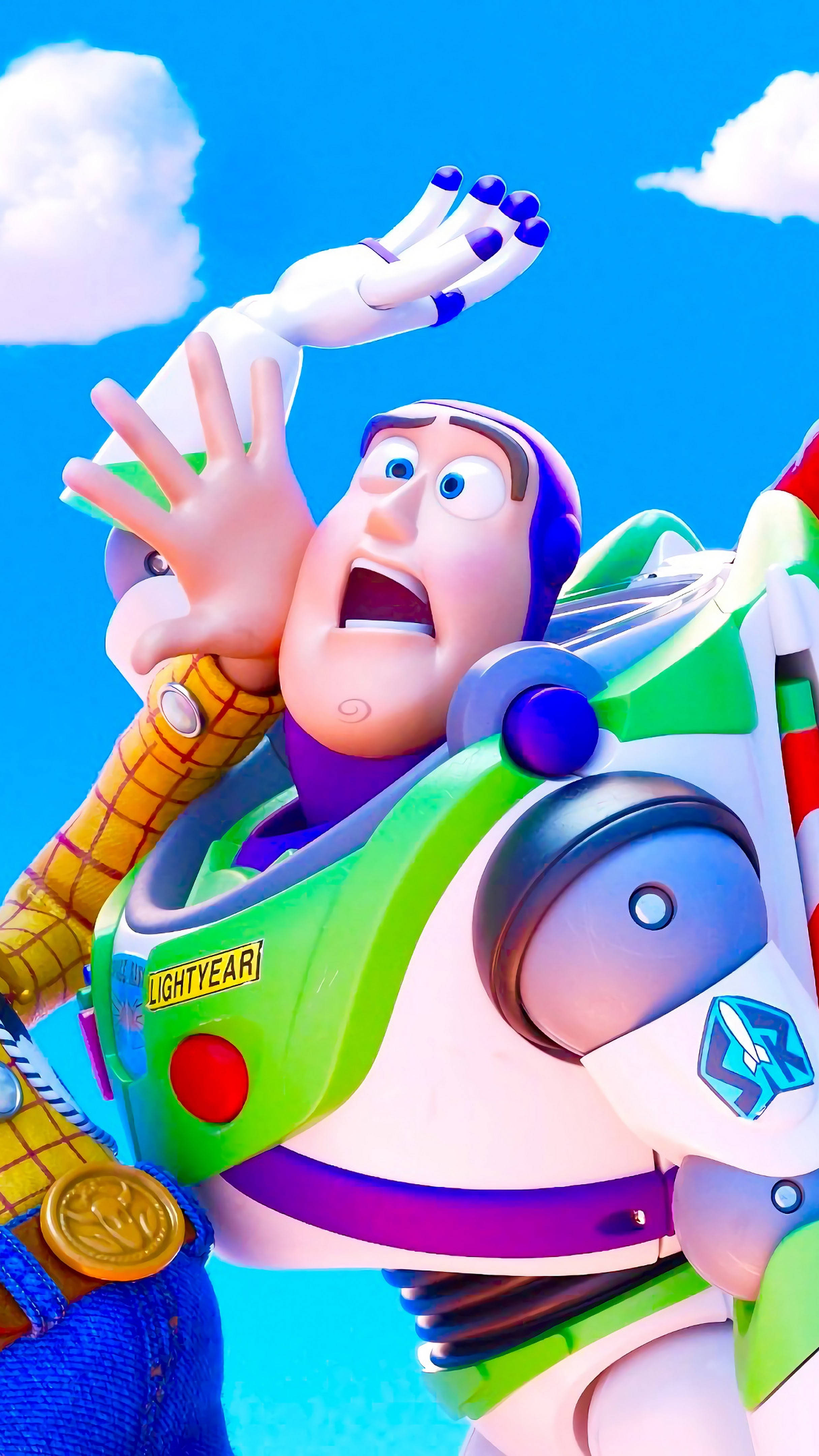 Buzz Lightyear, green and white space suit, bright blue sky, 4K Phone Wallpaper