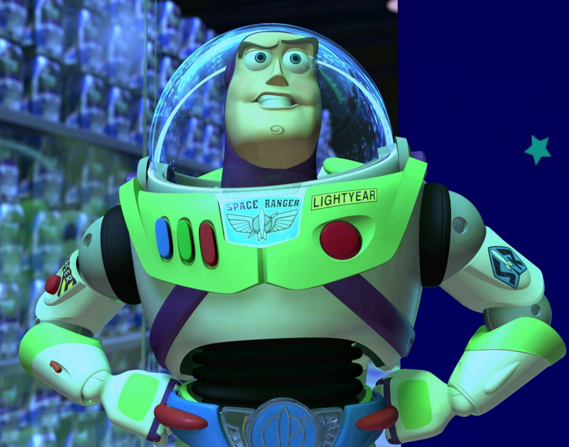 Buzz Lightyear, green and white space ranger suit, starry blue background, Full HD Desktop Wallpaper
