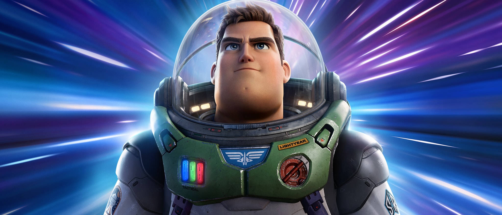 Buzz Lightyear, green space suit, vibrant blue and purple cosmic speed blur background, Full HD Desktop Wallpaper