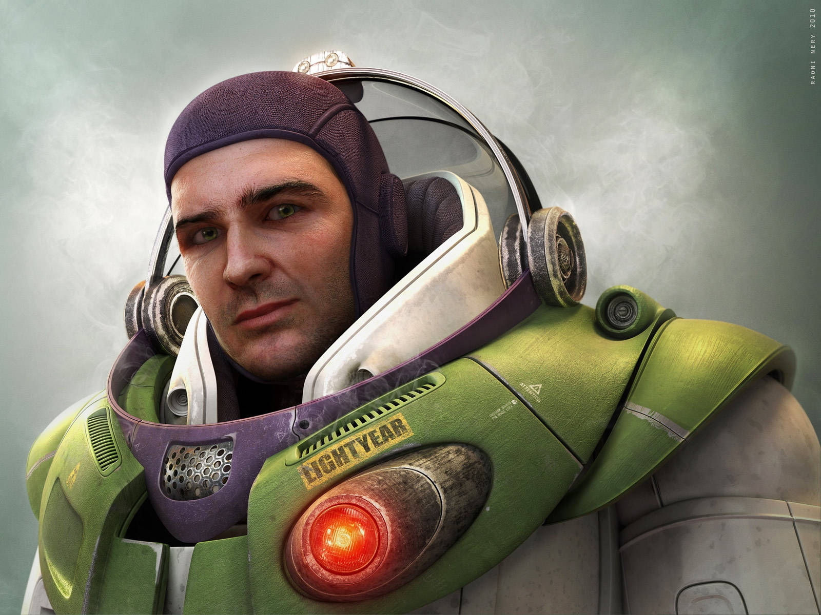 Buzz Lightyear, green and purple space suit, glowing red light on his chest, HD Desktop Wallpaper