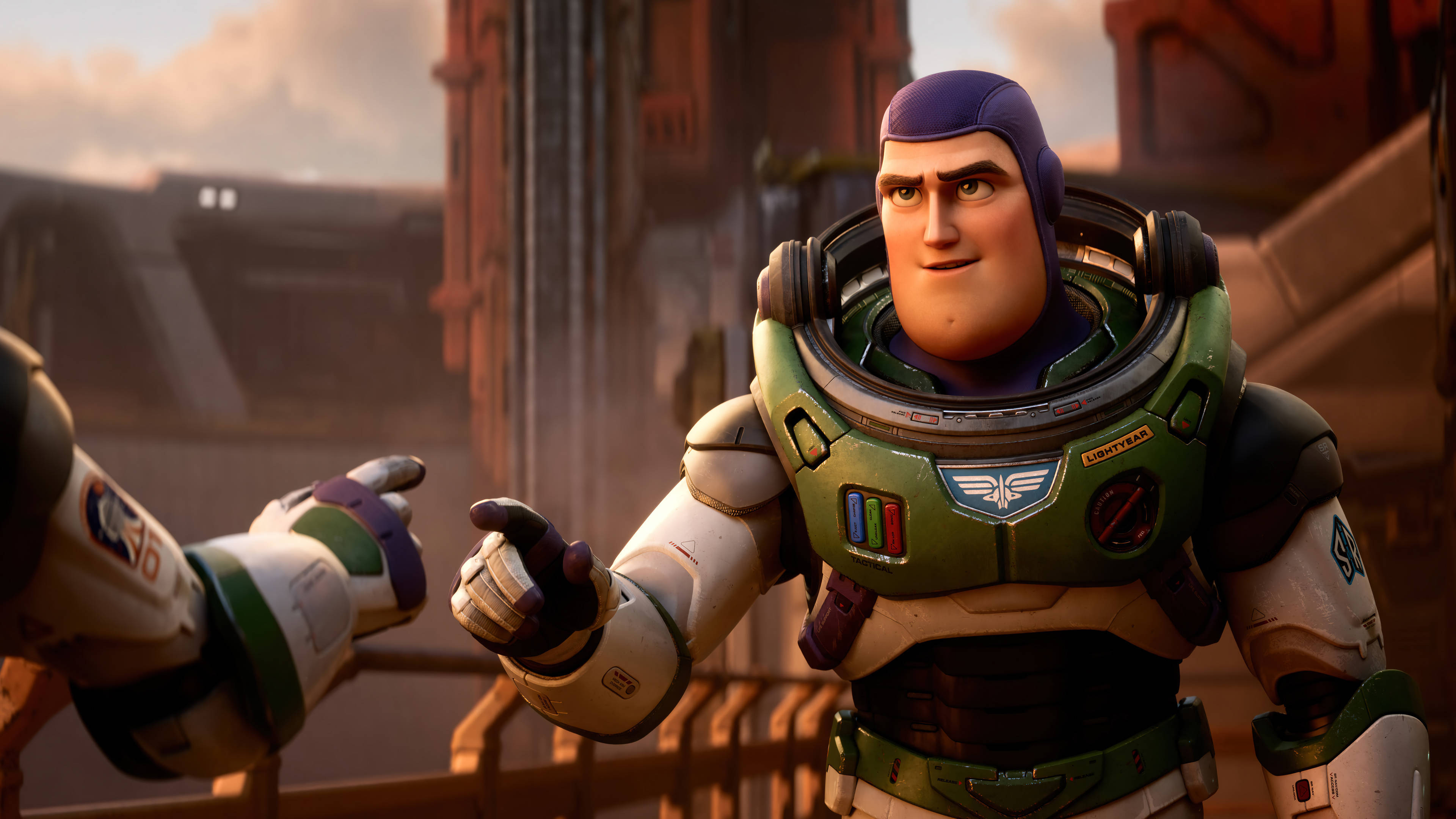 Buzz Lightyear, green and white space suit, futuristic city backdrop, 4K Desktop Wallpaper