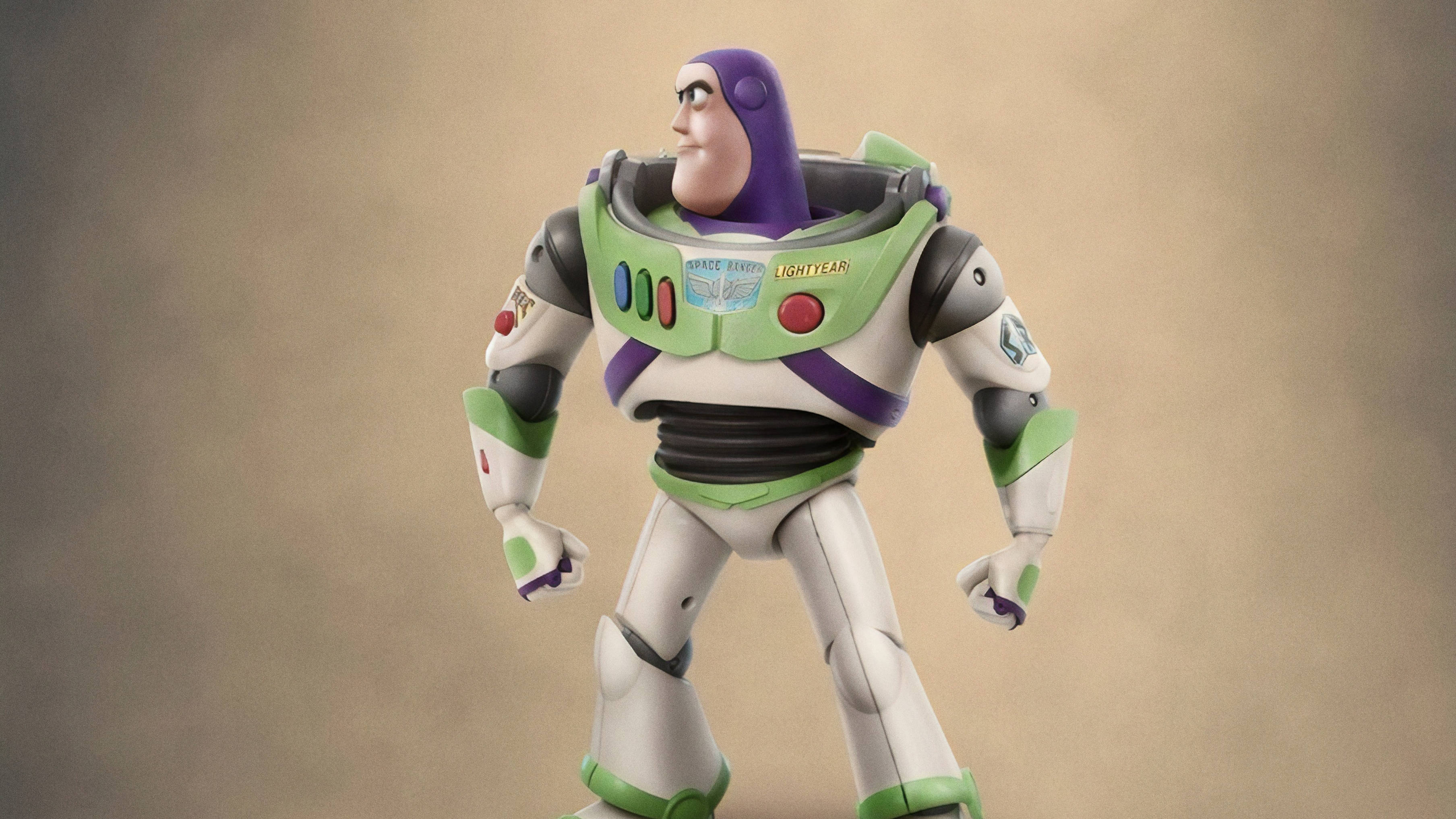 Buzz Lightyear, white green and purple space ranger suit, muted beige background, 2K Desktop Wallpaper