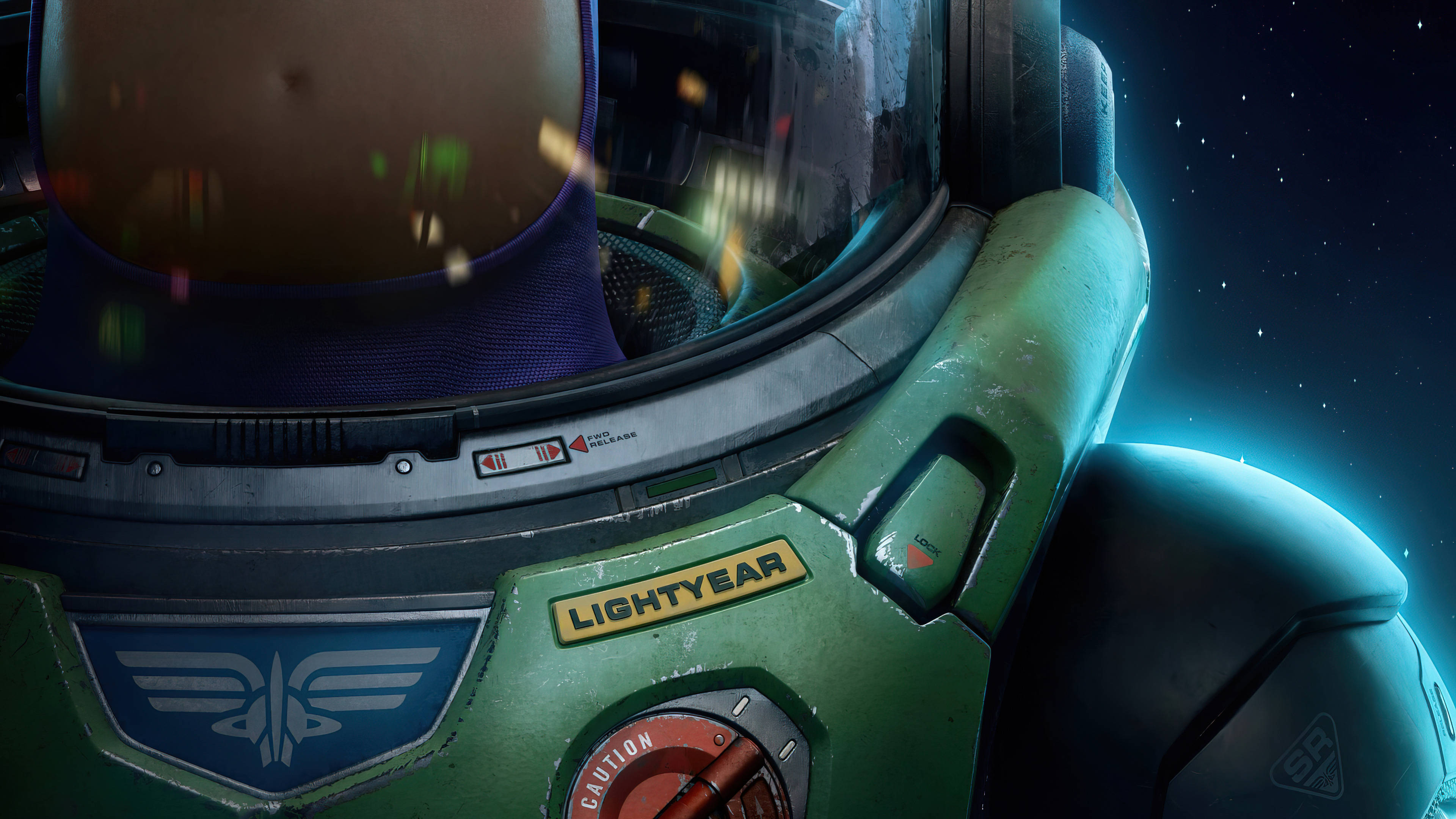 Buzz Lightyear, green space suit helmet, starfield background, 4K Desktop Wallpaper