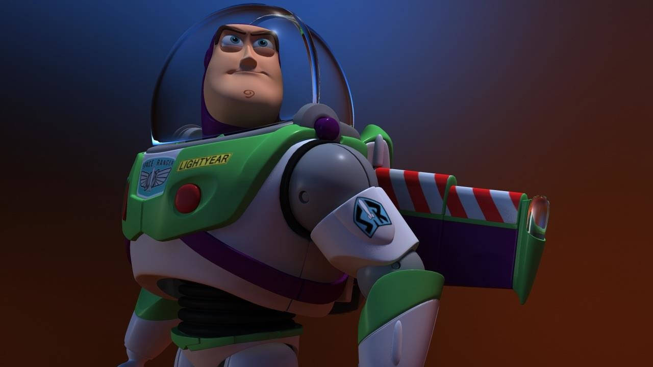 Buzz Lightyear, green and white space suit, gradient blue and orange background, HD Desktop Wallpaper