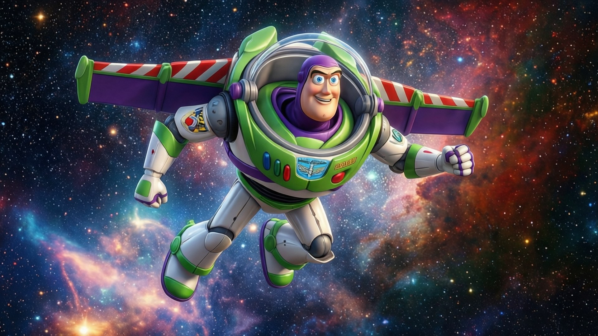 Buzz Lightyear, green and purple space suit, vibrant cosmic nebula, Full HD Desktop Wallpaper