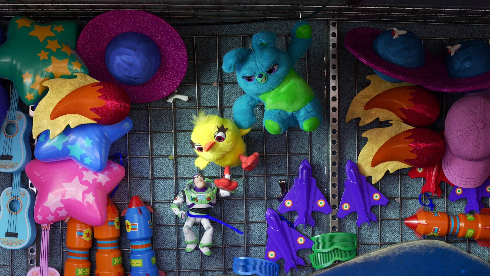 Buzz Lightyear, yellow chick, metal grid, Full HD Desktop Wallpaper