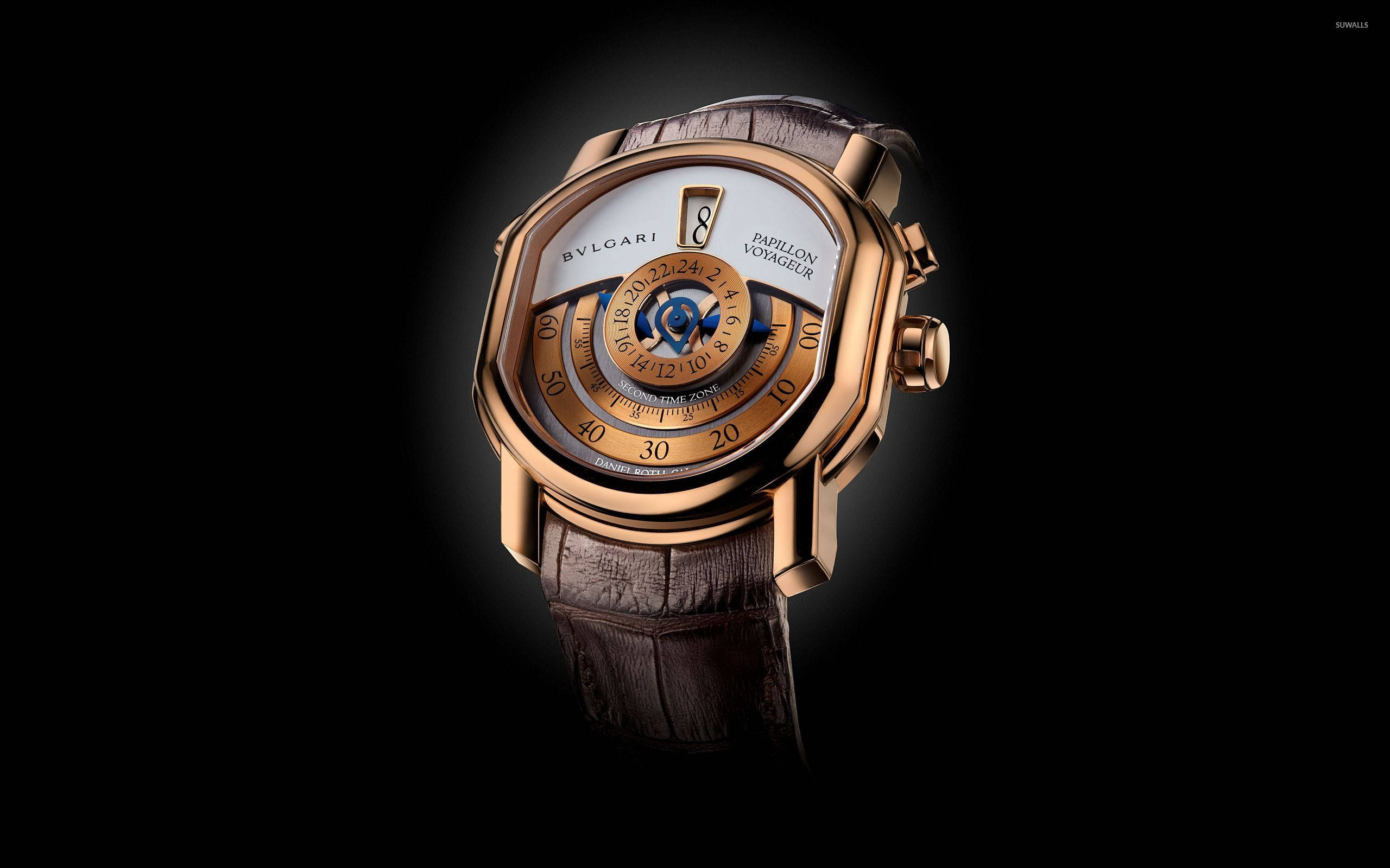 Bvlgari, rose gold, brown leather strap, 2K Desktop Wallpaper