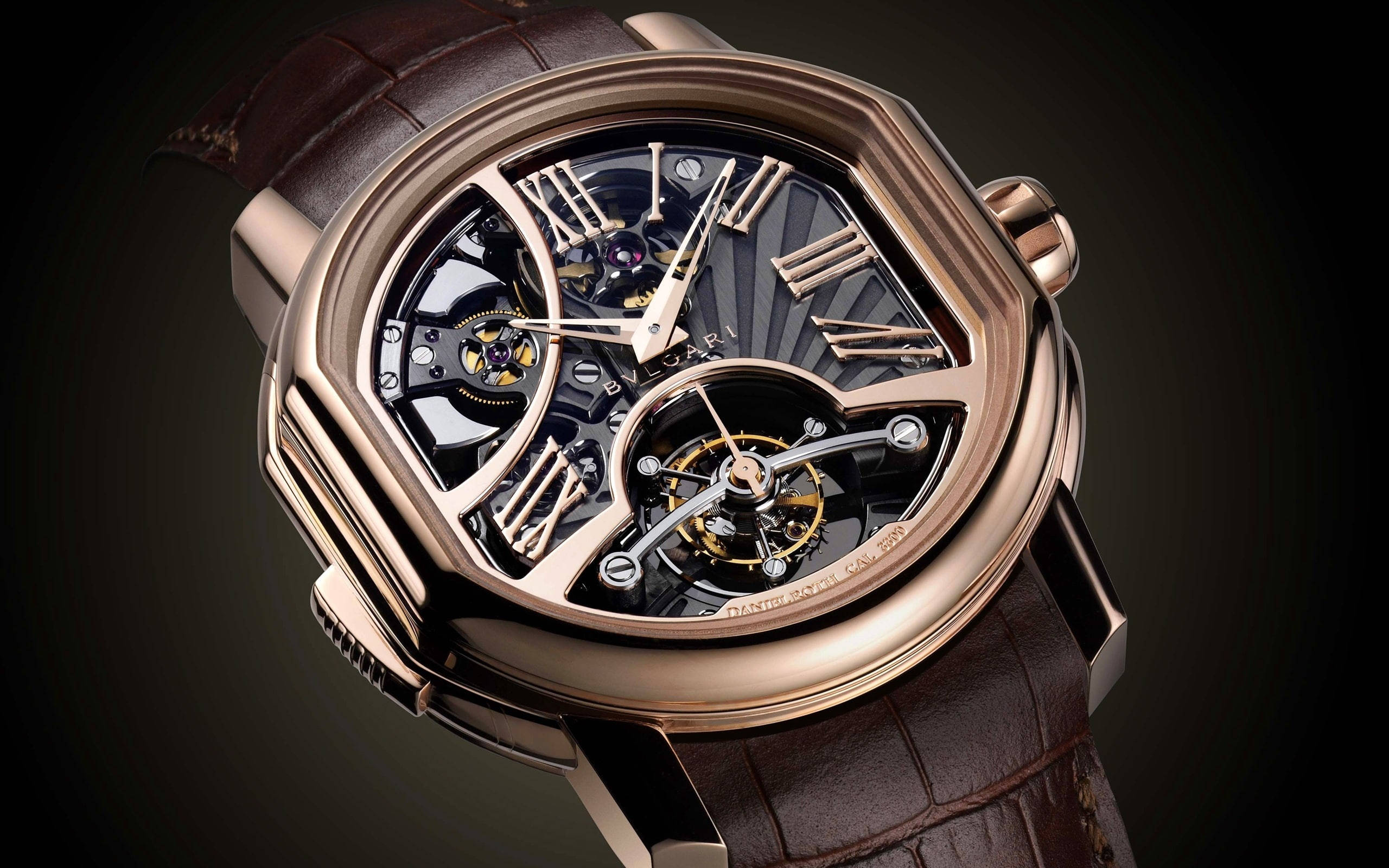 Bvlgari, rose gold skeleton watch, exposed gears, 2K Desktop Wallpaper