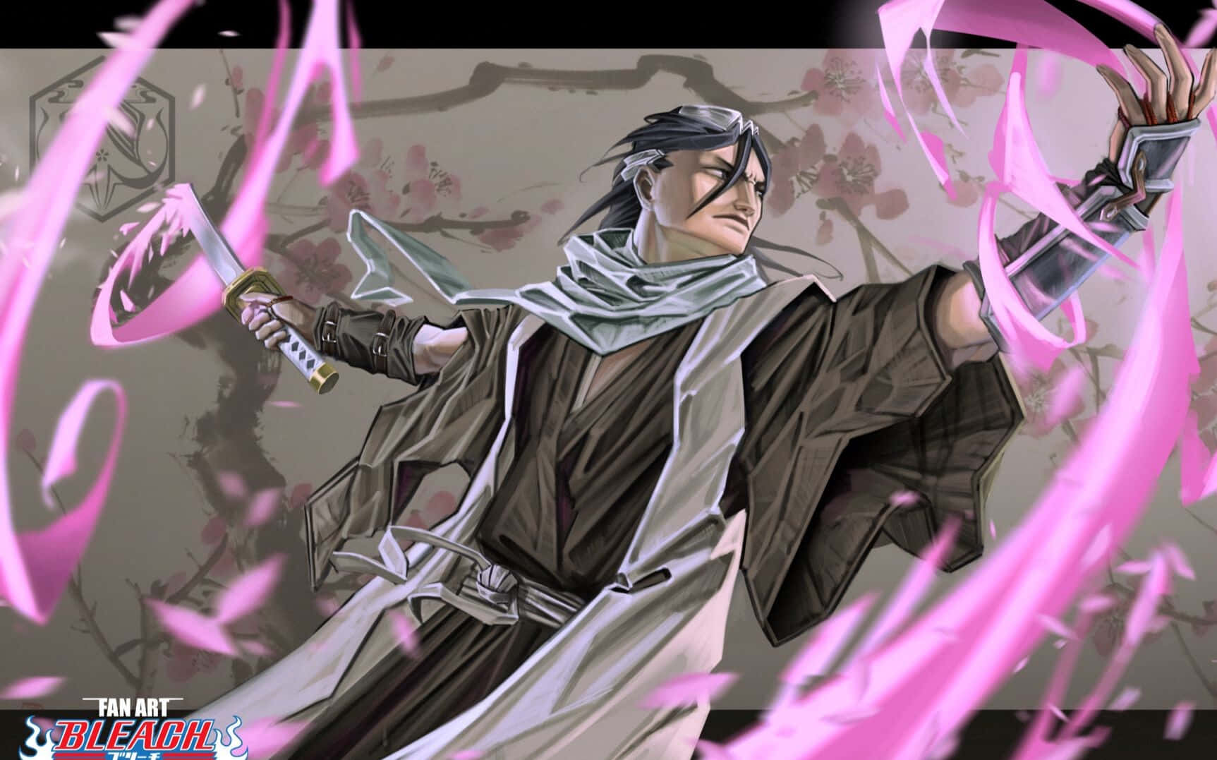 Byakuya Kuchiki, glowing pink sword, swirling cherry blossoms, HD Desktop Wallpaper