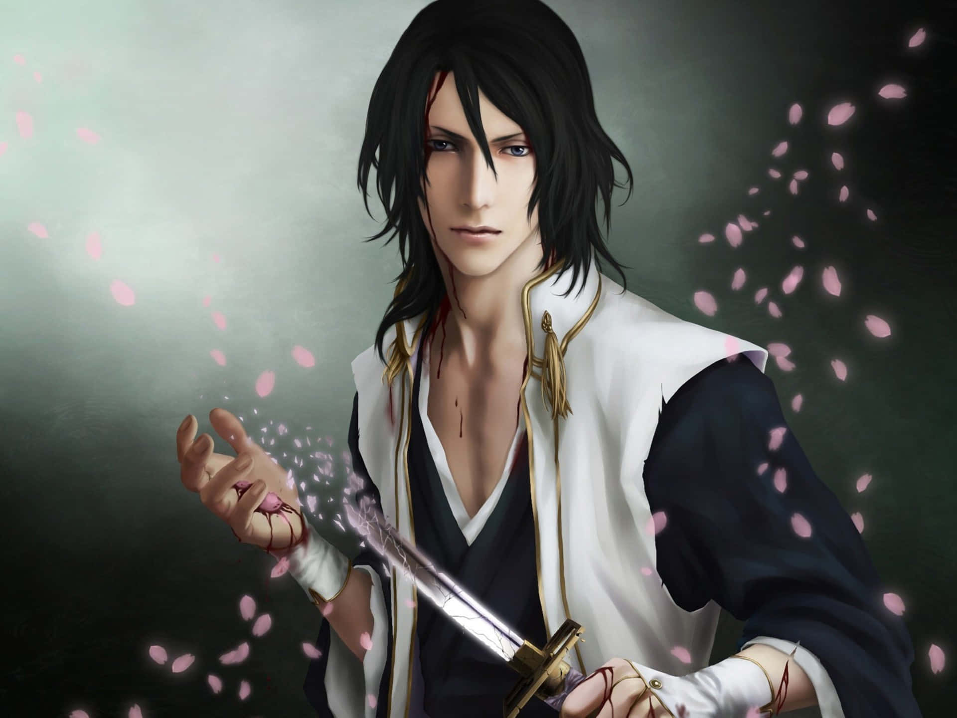 Byakuya Kuchiki, white and black robes, glowing sword, Full HD Desktop Wallpaper
