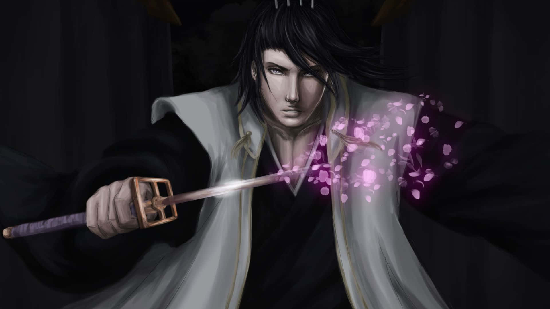 Byakuya Kuchiki, white and black robes, glowing sword, Full HD Desktop Wallpaper