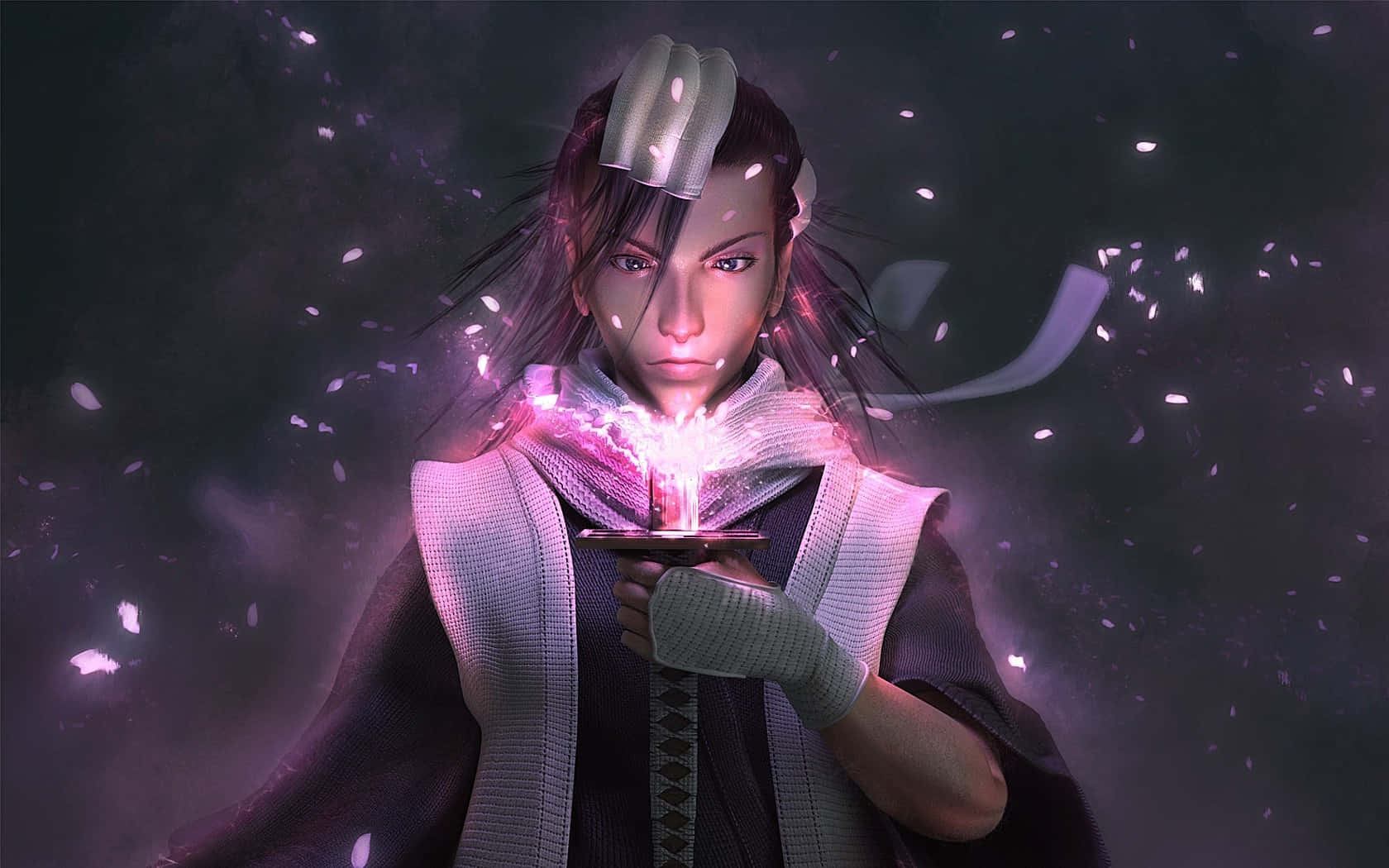 Byakuya Kuchiki, glowing pink sword, floating cherry blossom petals, HD Desktop Wallpaper