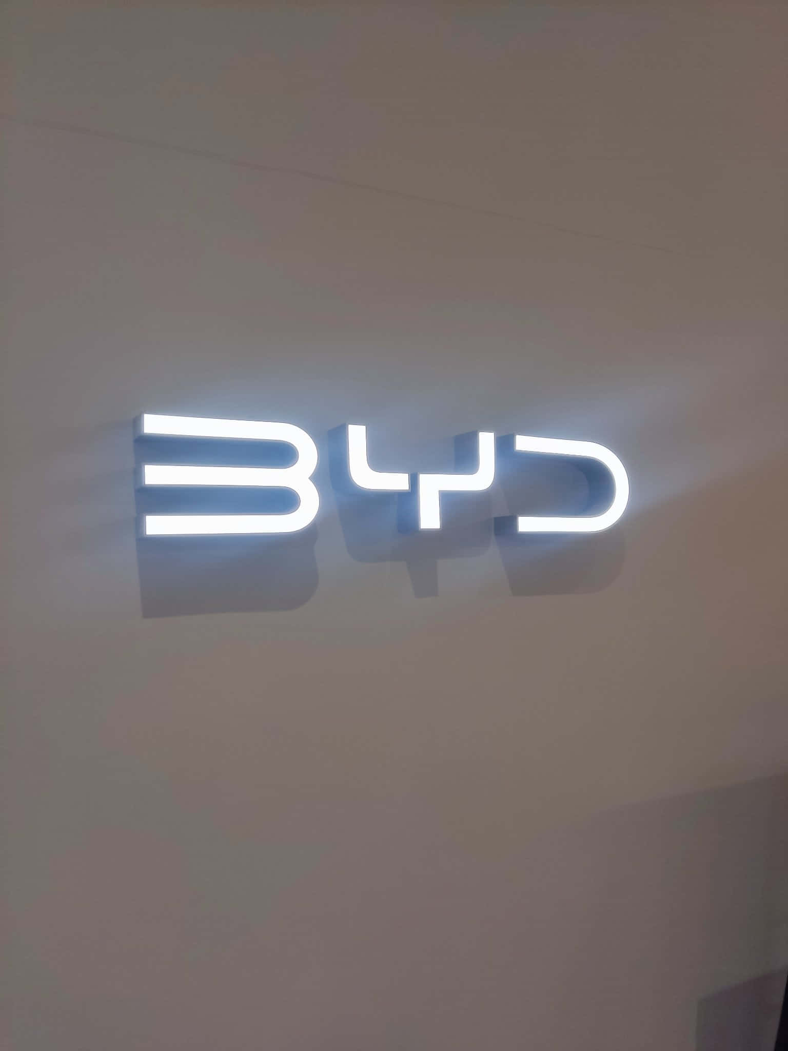 B Y D Logo, glowing white neon sign, off-white wall, Full HD Phone Wallpaper
